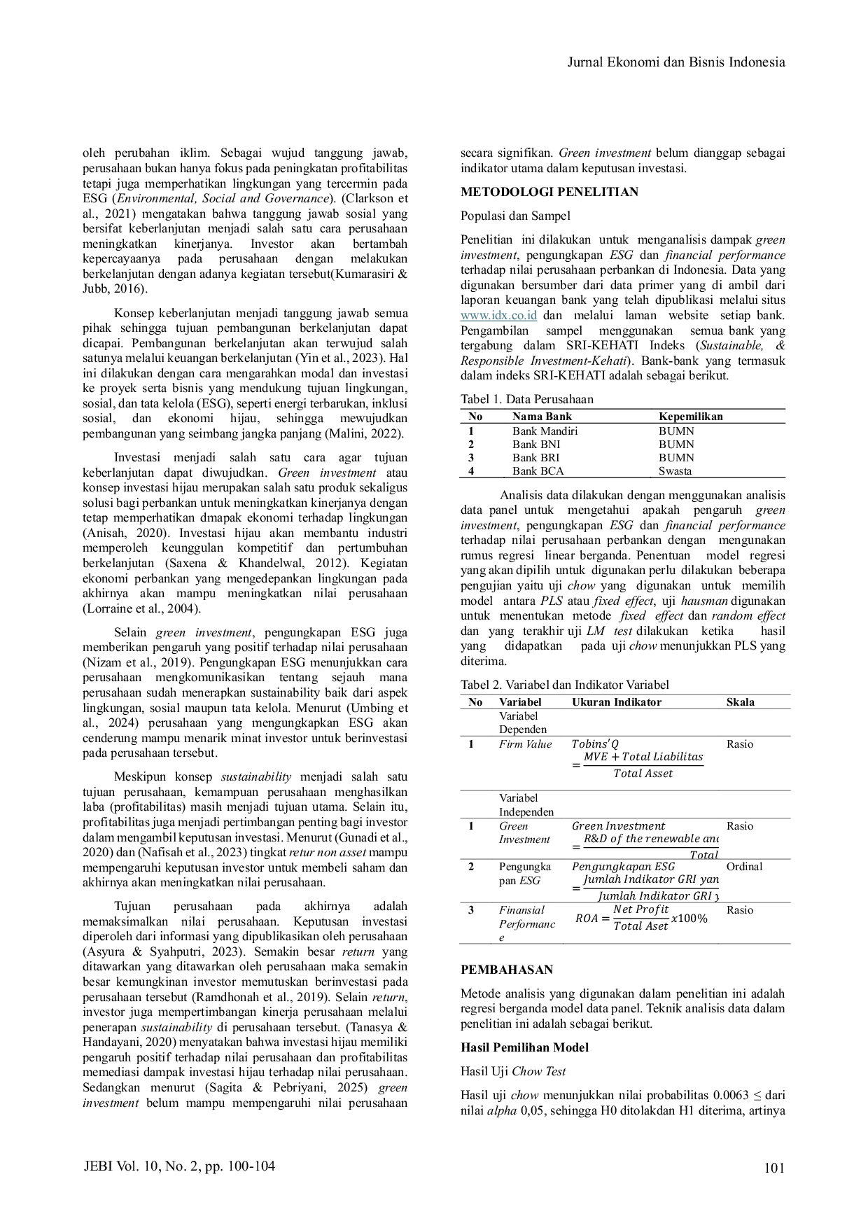 JURIS Dampak Green Investment Pengungkapan ESG Dan Financial Performance Terhadap Nilai Perusahaan Perbankan Di Indonesia