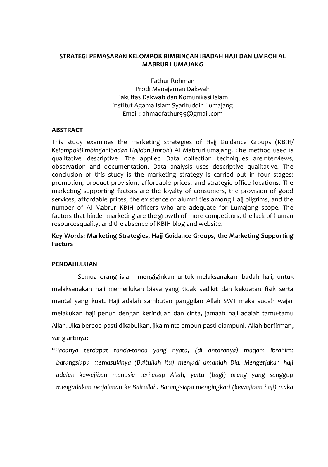 JURIS Strategi Pemasaran Kelompok Bimbingan Ibadah Haji Dan Umroh Al Mabrur Lumajang