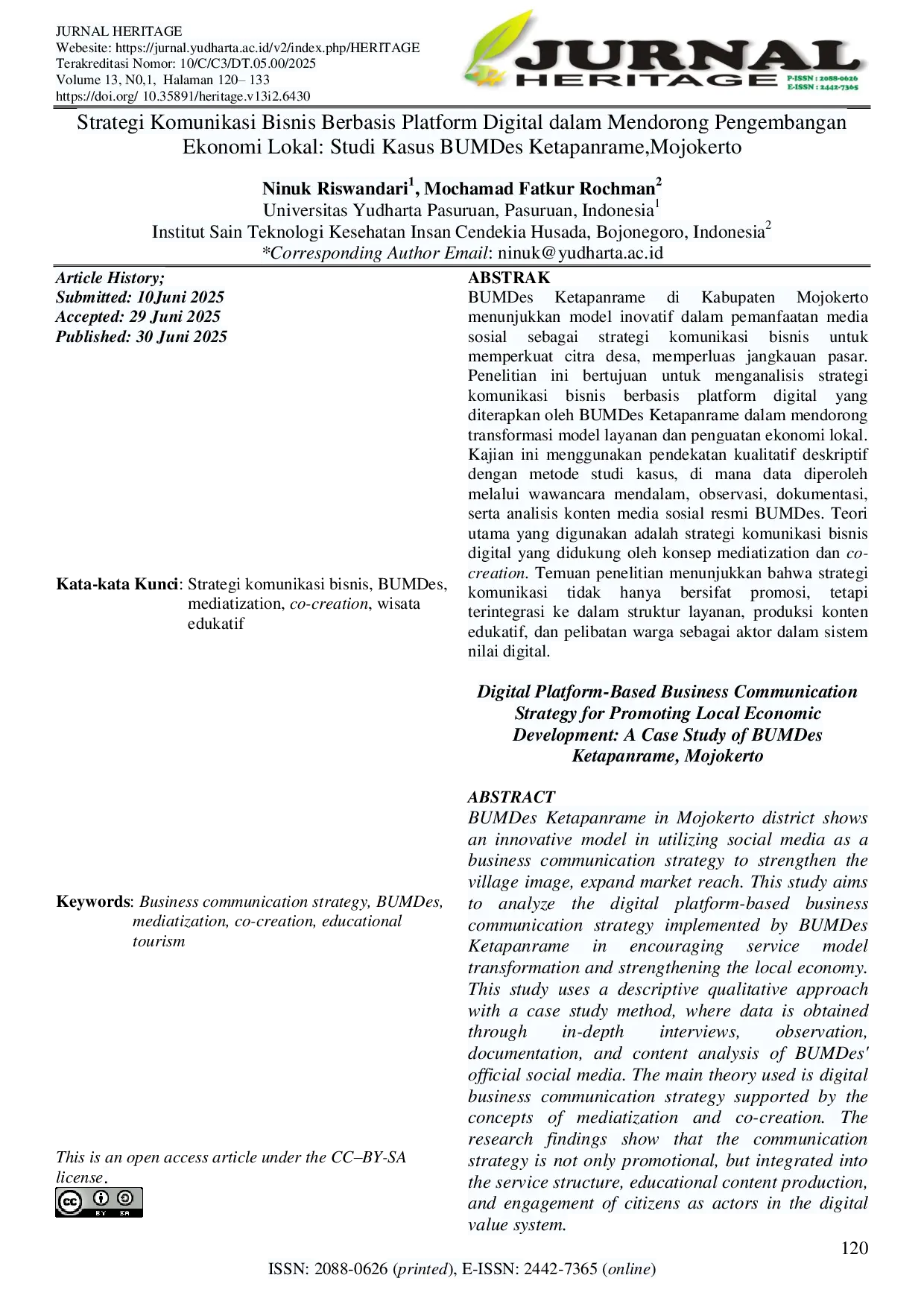 JURIS Strategi Komunikasi Bisnis Berbasis Platform Digital dalam Mendorong Pengembangan Ekonomi Lokal Studi Kasus BUMDes Ketapanrame Mojokerto