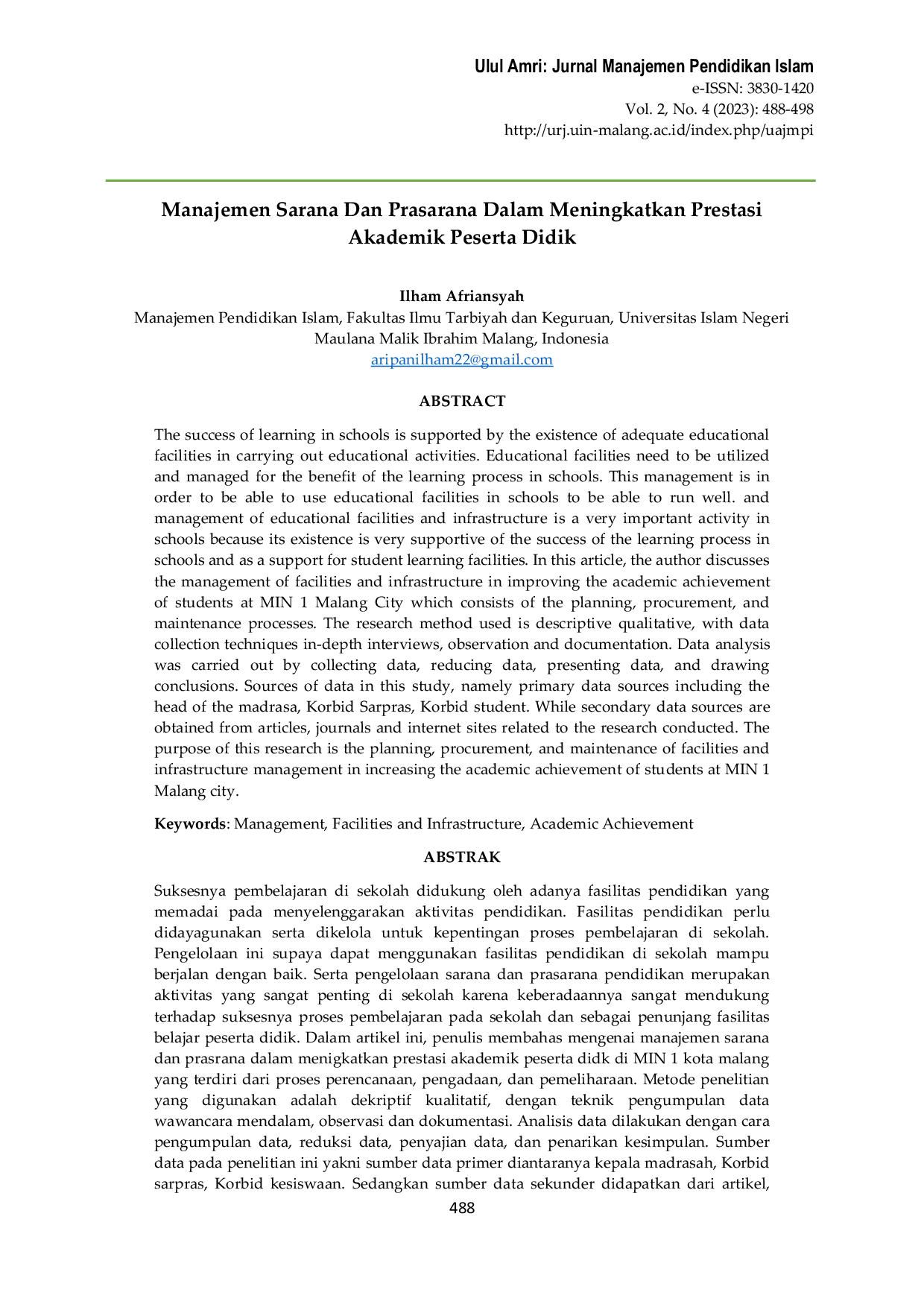 JURIS Manajemen Sarana Dan Prasarana Dalam Meningkatkan Prestasi Akademik Peserta Didik