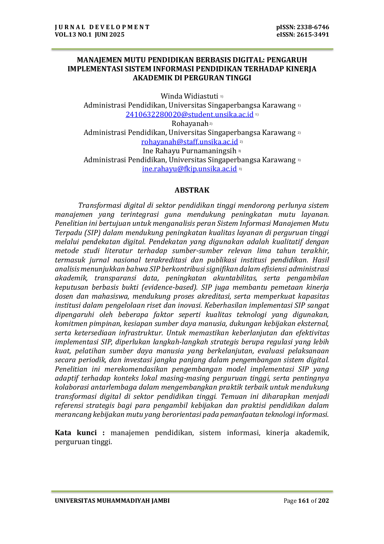 JURIS Manajemen Mutu Pendidikan Berbasis Digital Pengaruh Implementasi Sistem Informasi Pendidikan Terhadap Kinerja Akademik Di Perguruan Tinggi