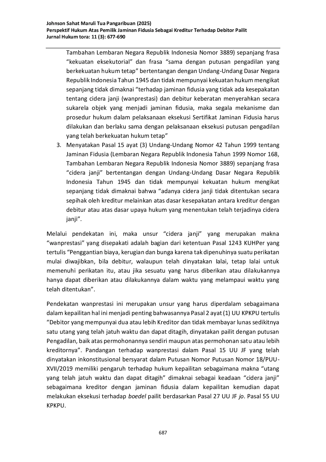 JURIS Perspektif Hukum Atas Pemilik Jaminan Fidusia Sebagai Kreditur Terhadap Debitor Pailit