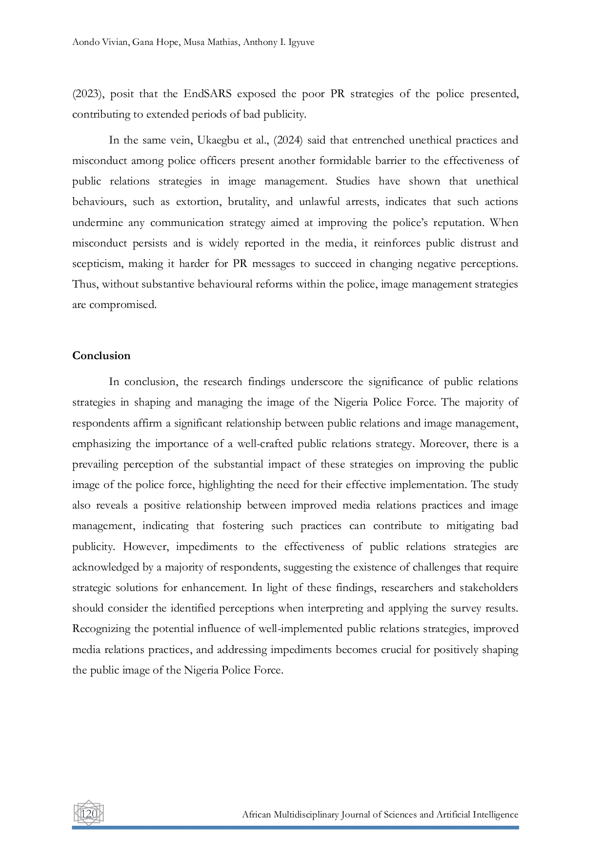 JURIS Assessment of Public Relations Strategies Adopted by the Nigeria Police in Its Image Management