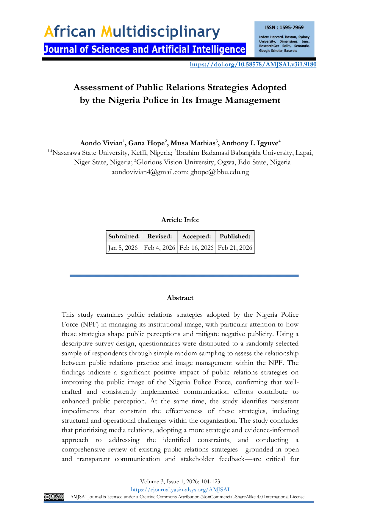 JURIS Assessment of Public Relations Strategies Adopted by the Nigeria Police in Its Image Management