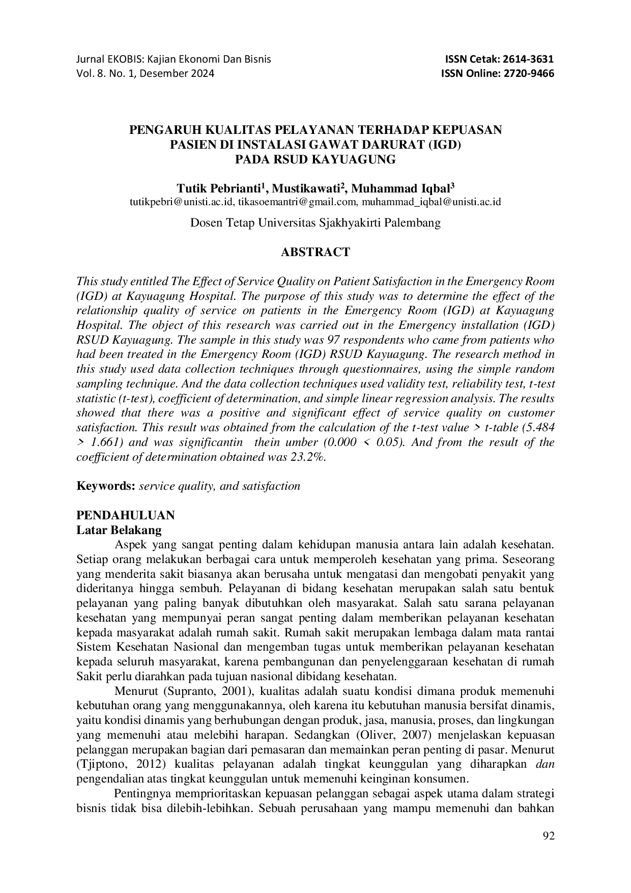 juris Pengaruh Kualitas Pelayanan Terhadap Kepuasan Pasien Di Instalasi Gawat Darurat IGD Pada RSUD Kayuagung