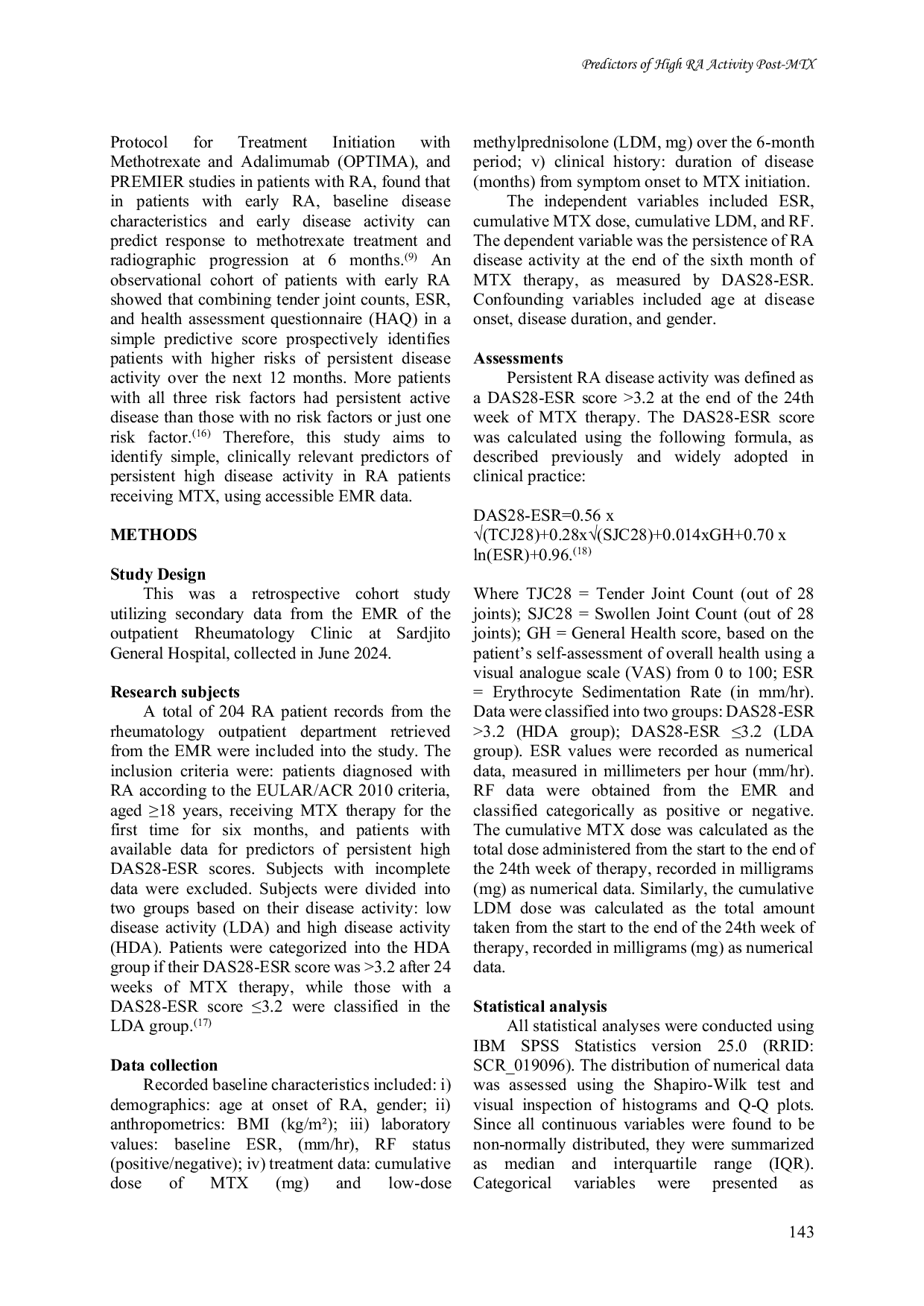 JURIS Predictors Of Persistent High Disease Activity After Methotrexate Treatment In Rheumatoid Arthritis Patients