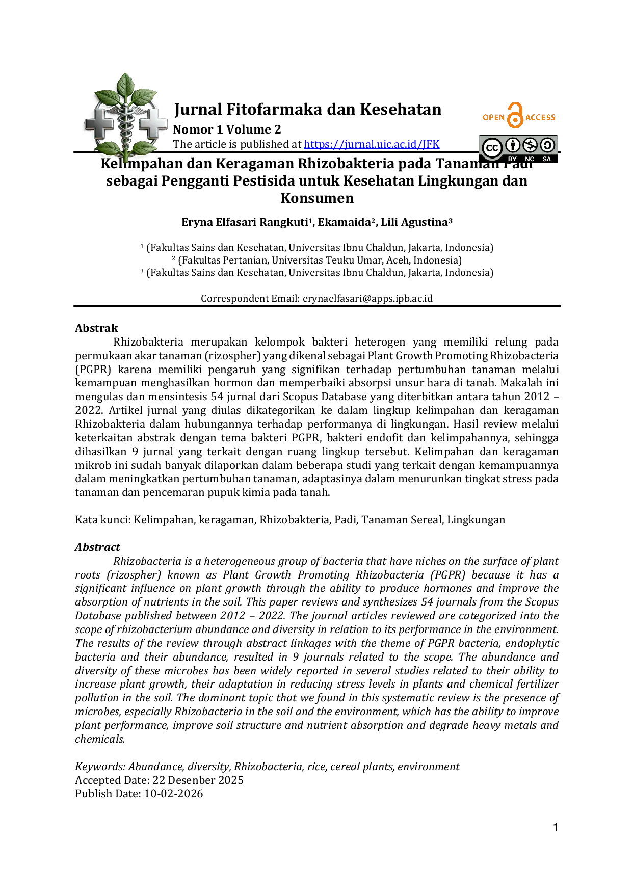 JURIS Kelimpahan dan Keragaman Rhizobakteria pada Tanaman Padi sebagai Pengganti Pestisida untuk Kesehatan Lingkungan dan Konsumen