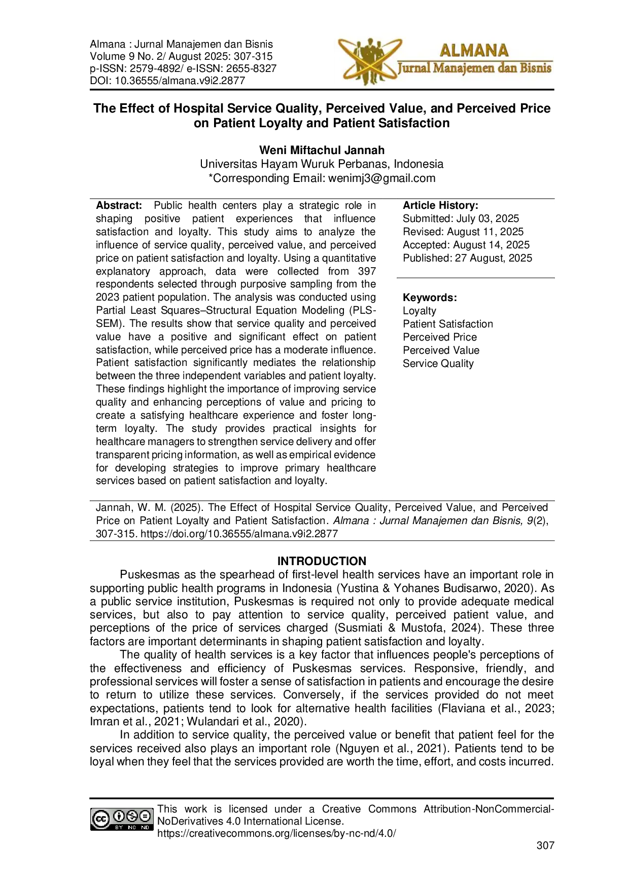 JURIS The Effect of Hospital Service Quality Perceived Value and Perceived Price on Patient Loyalty and Patient Satisfaction