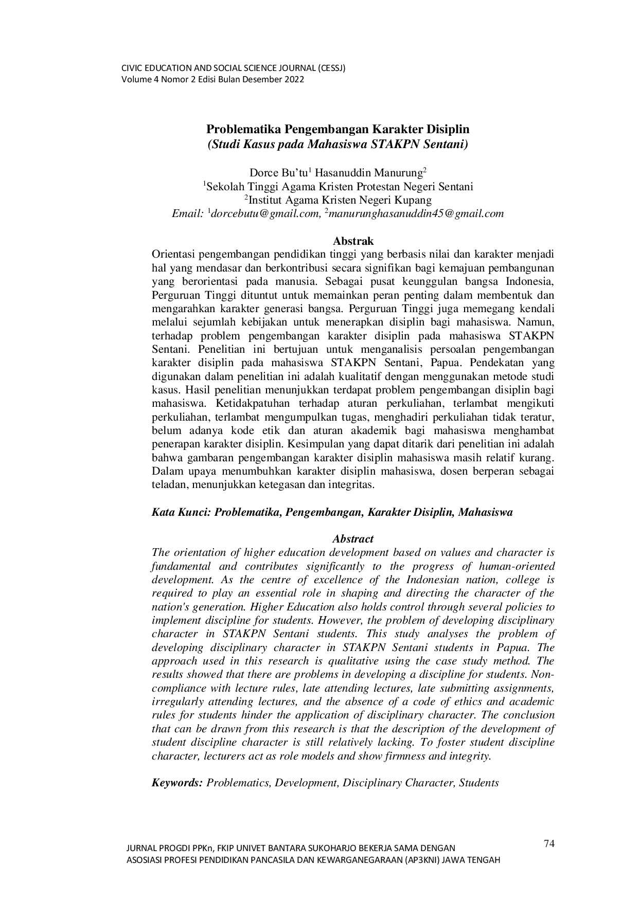 JURIS Problematika Pengembangan Karakter Disiplin Studi Kasus pada Mahasiswa STAKPN Sentani