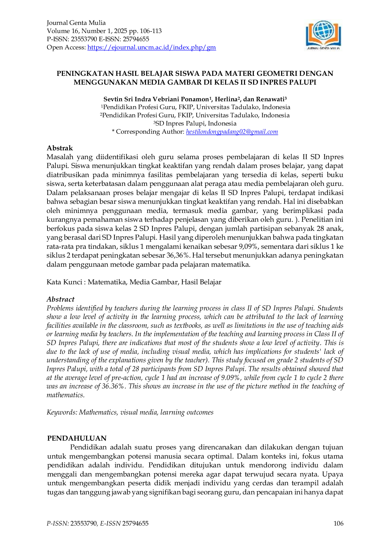 JURIS Peningkatan Hasil Belajar Siswa Pada Materi Geometri Dengan Menggunakan Media Gambar Di Kelas II Sd Inpres Palupi