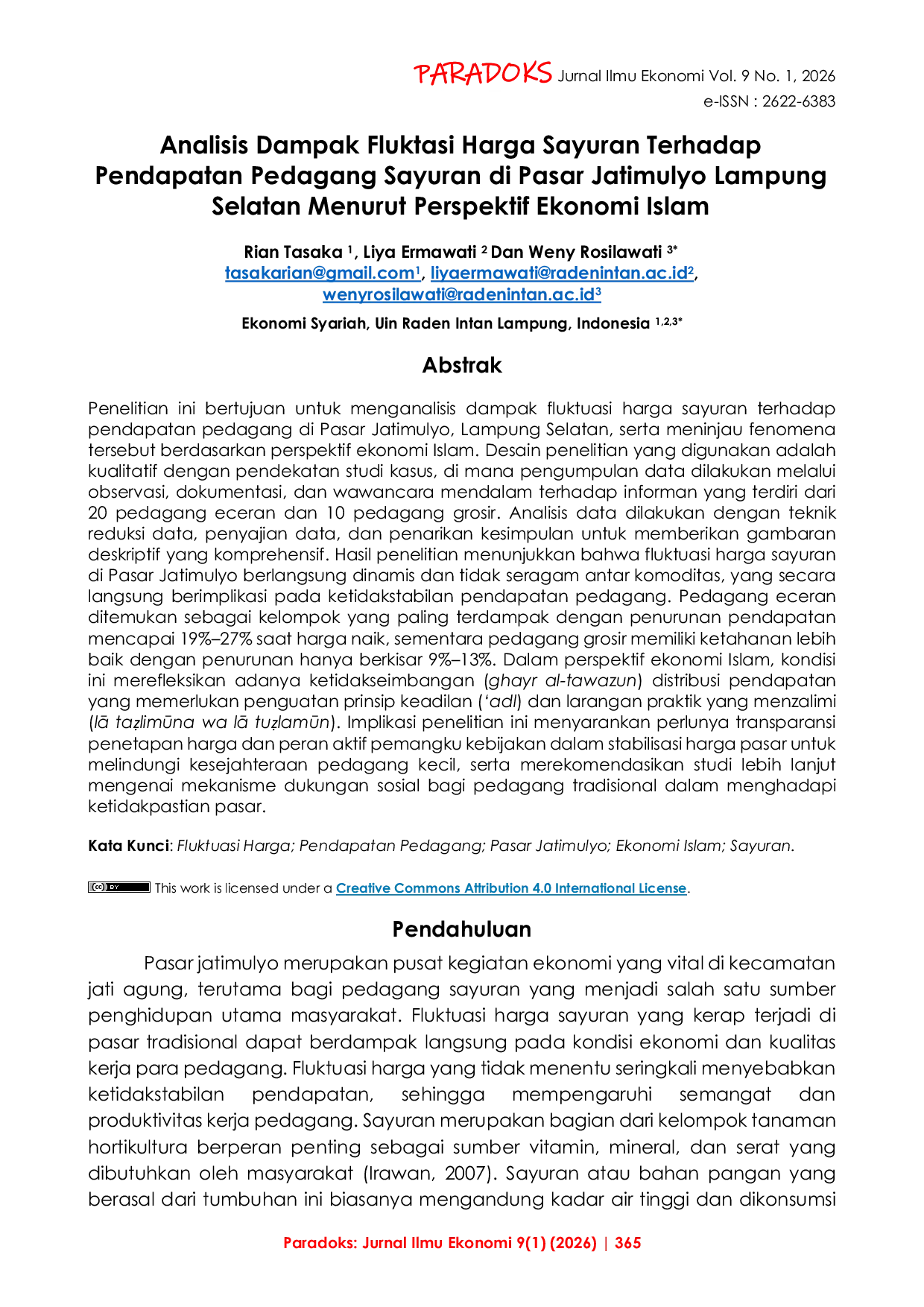 JURIS Analisis Dampak Fluktasi Harga Sayuran Terhadap Pendapatan Pedagang Sayuran di Pasar Jatimulyo Lampung Selatan Menurut Perspektif Ekonomi Islam