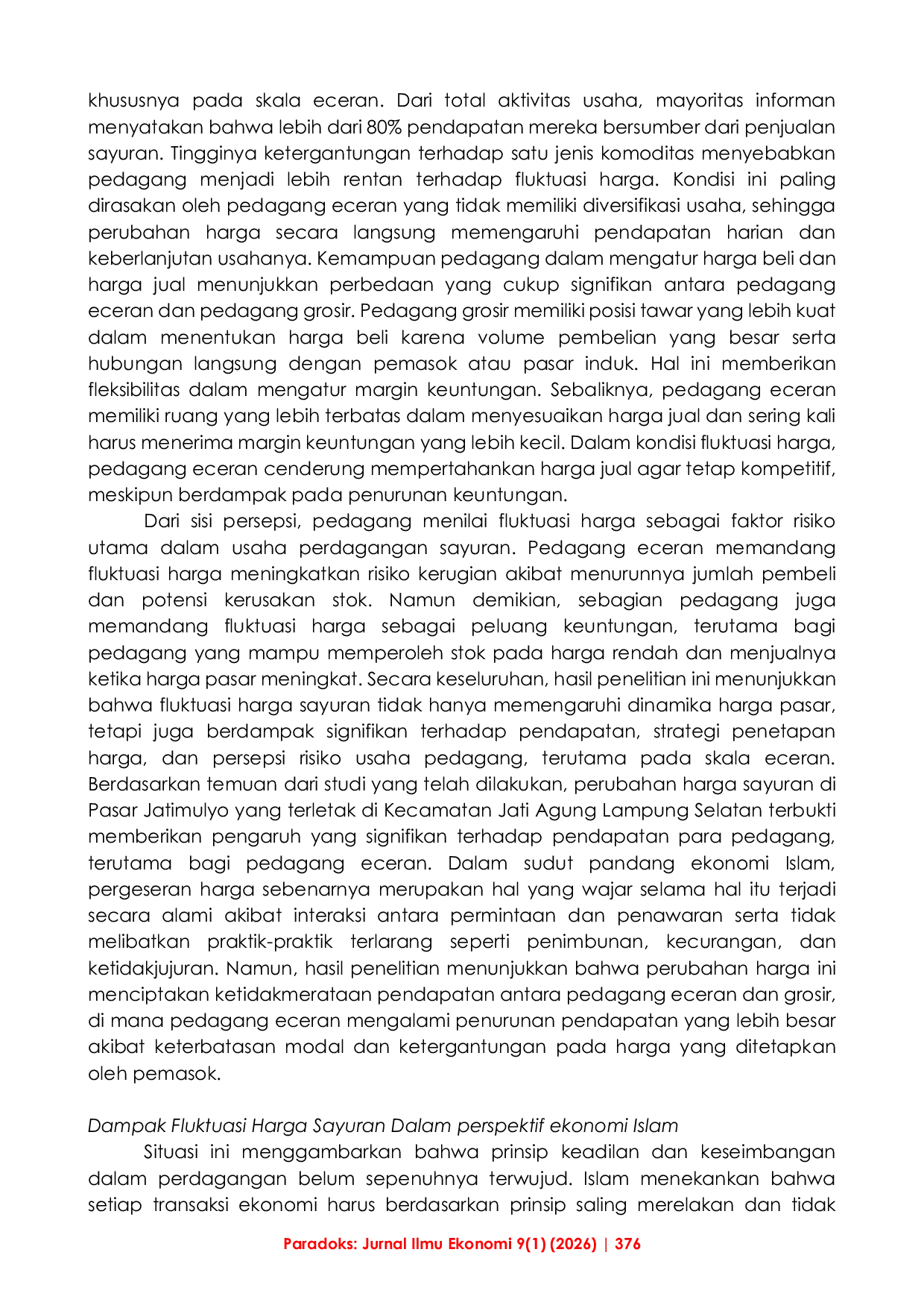 JURIS Analisis Dampak Fluktasi Harga Sayuran Terhadap Pendapatan Pedagang Sayuran di Pasar Jatimulyo Lampung Selatan Menurut Perspektif Ekonomi Islam