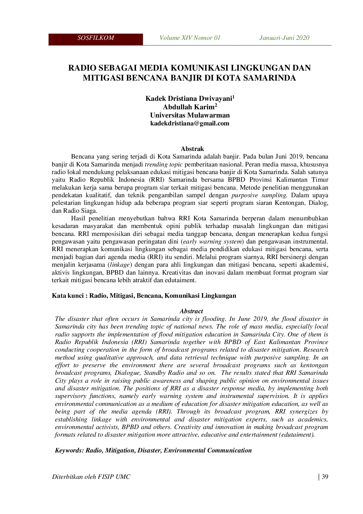 JURIS Radio Sebagai Media Komunikasi Lingkungan Dan Mitigasi Bencana Banjir Di Kota Samarinda