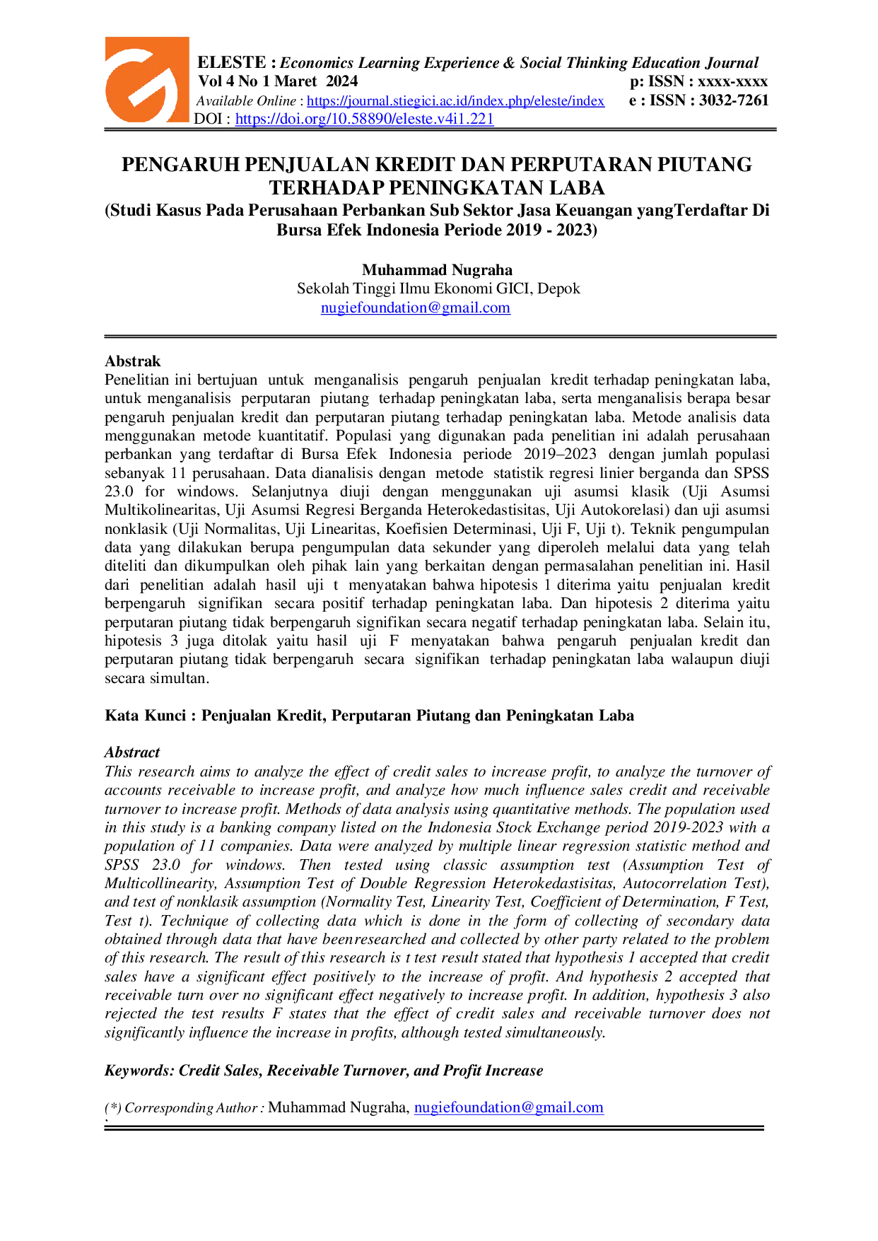JURIS PENGARUH PENJUALAN KREDIT DAN PERPUTARAN PIUTANG TERHADAP PENINGKATAN LABA Studi Kasus Pada Perusahaan Perbankan Sub Sektor Jasa Keuangan yang Terdaftar Di Bursa Efek Indonesia Periode 2019 2023