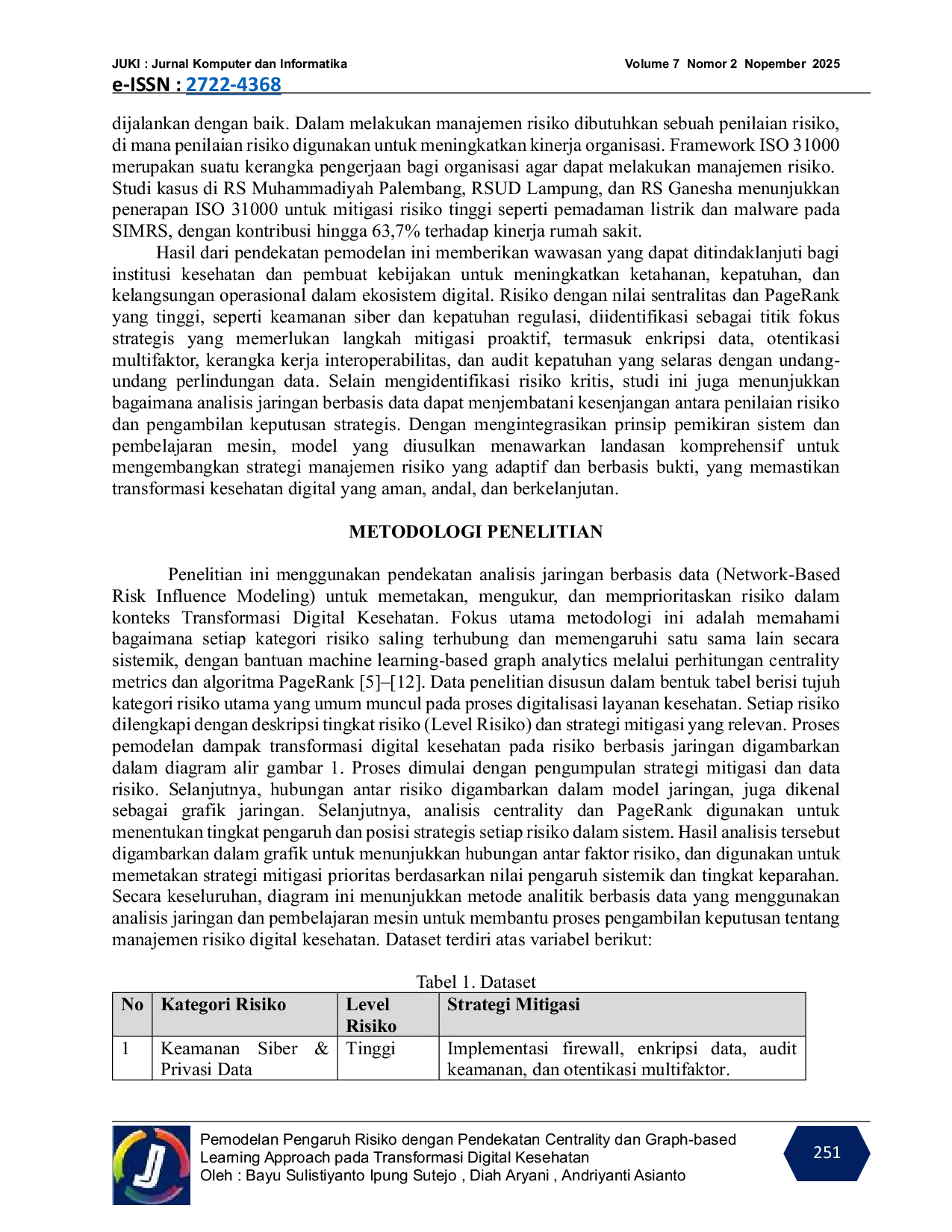 JURIS Pemodelan Pengaruh Risiko dengan Pendekatan Centrality dan Graph based Learning Approach pada Transformasi Digital Kesehatan