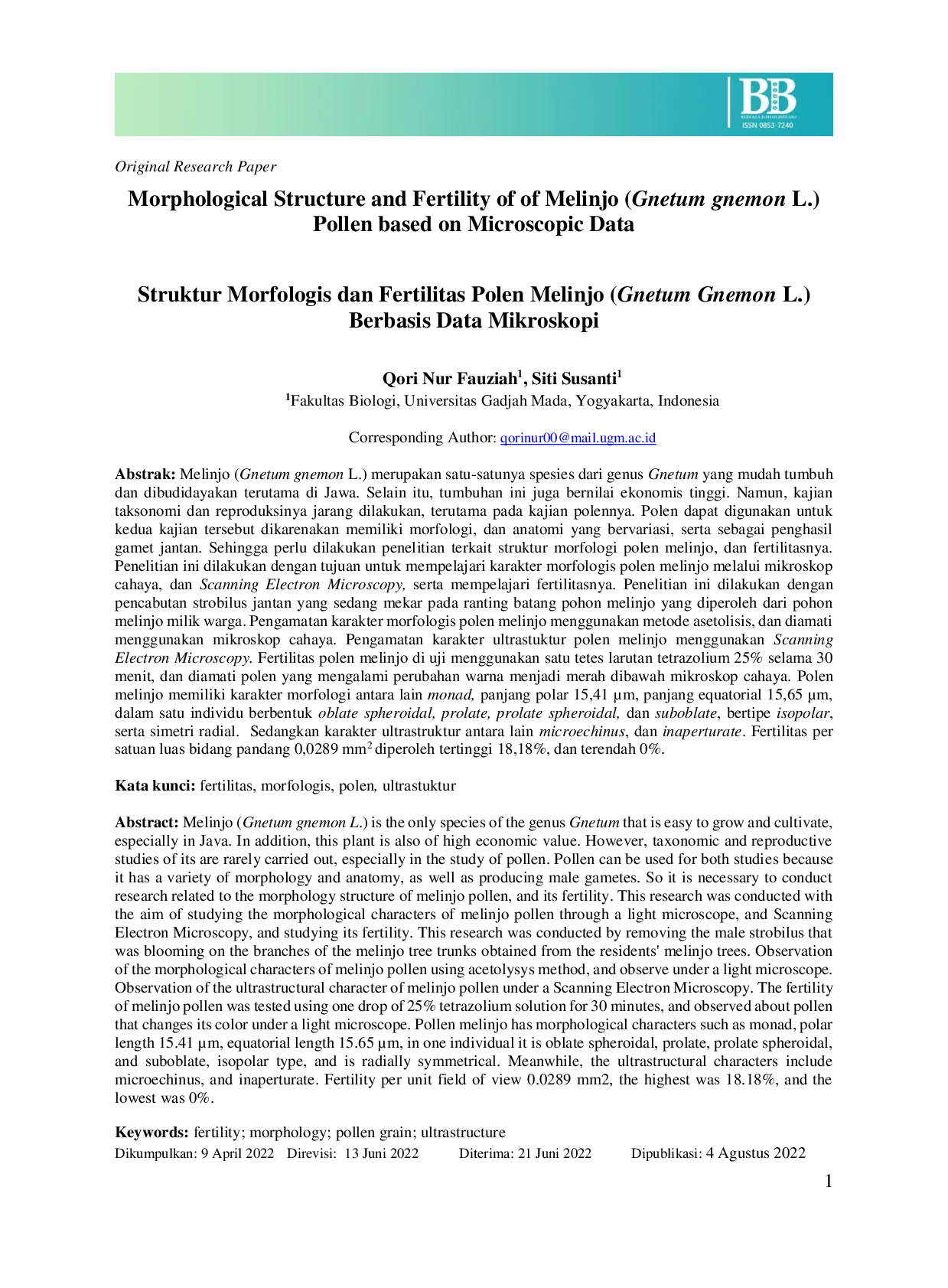 JURIS Morphological Characterization Ultrastructure and Fertility Test of Melinjo Gnetum gnemon L Pollen
