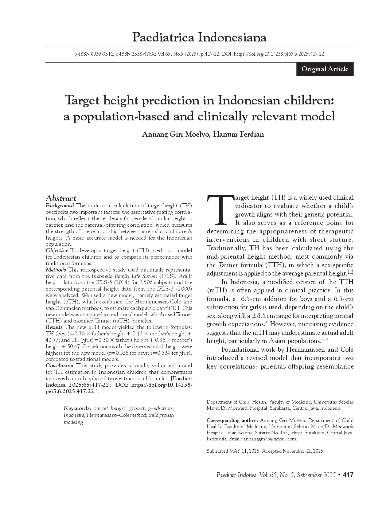 juris Target height prediction in Indonesian children a population based and clinically relevant model