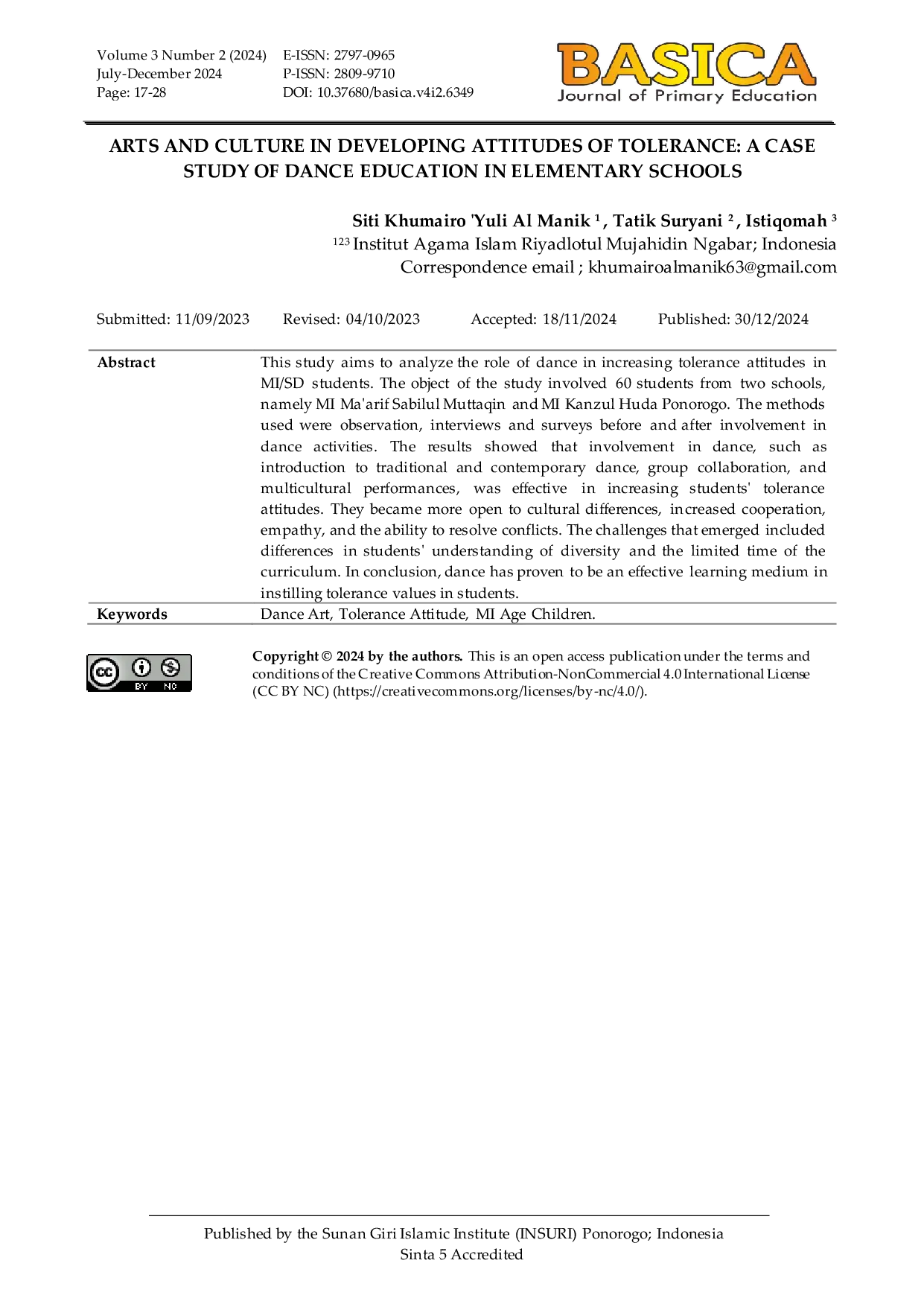 JURIS Arts And Culture in Developing Attitudes of Tolerance A Case Study of Dance Education in Elementary Schools