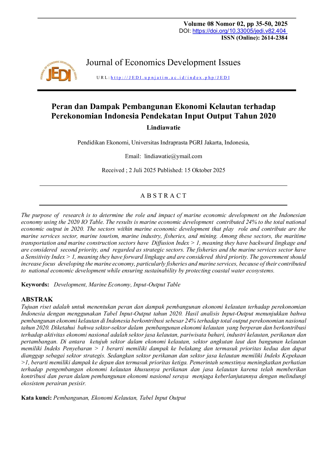JURIS Peran dan Dampak Pembangunan Ekonomi Kelautan terhadap Perekonomian Indonesia Pendekatan Input Output