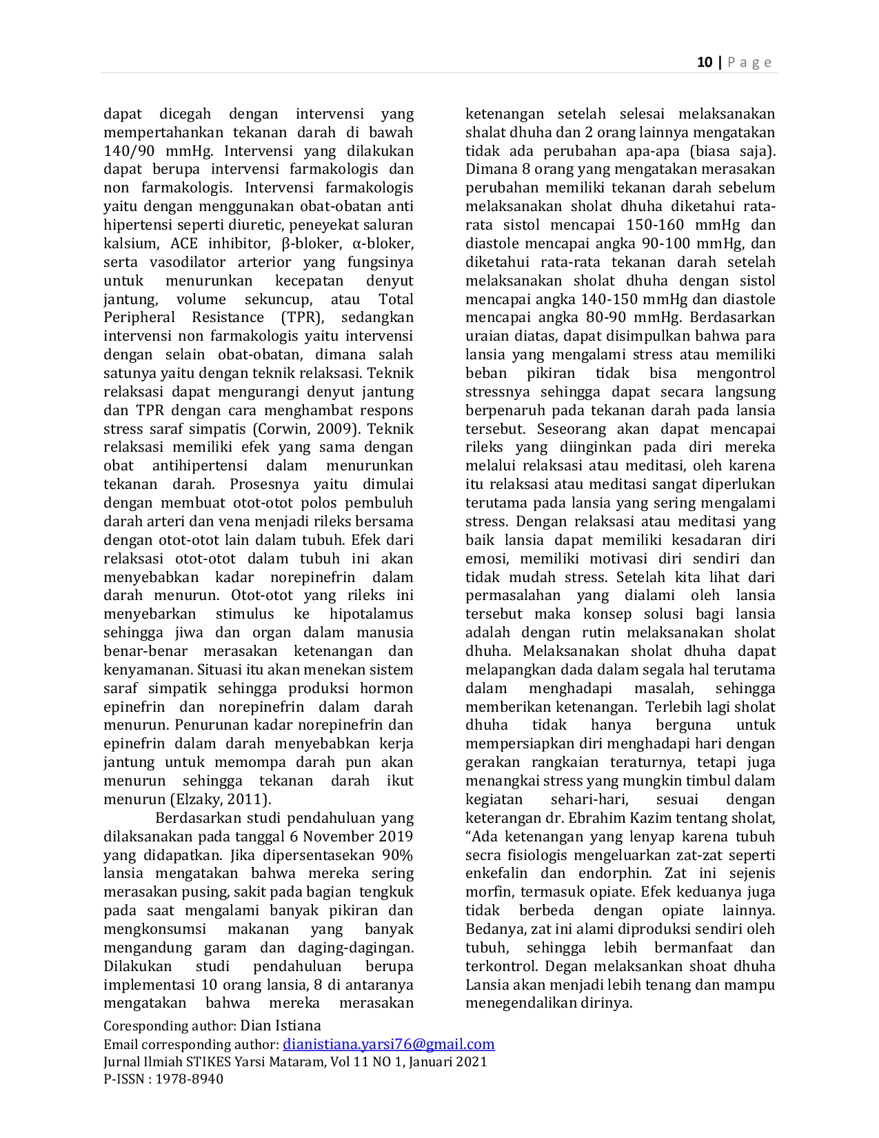 JURIS Pengaruh Terapi Sholat Dhuha Terhadap Penurunan Tekanan Darah pada Lansia di Pantai Sosial Tresna Werdha Provinsi Nusa Tenggara Barat