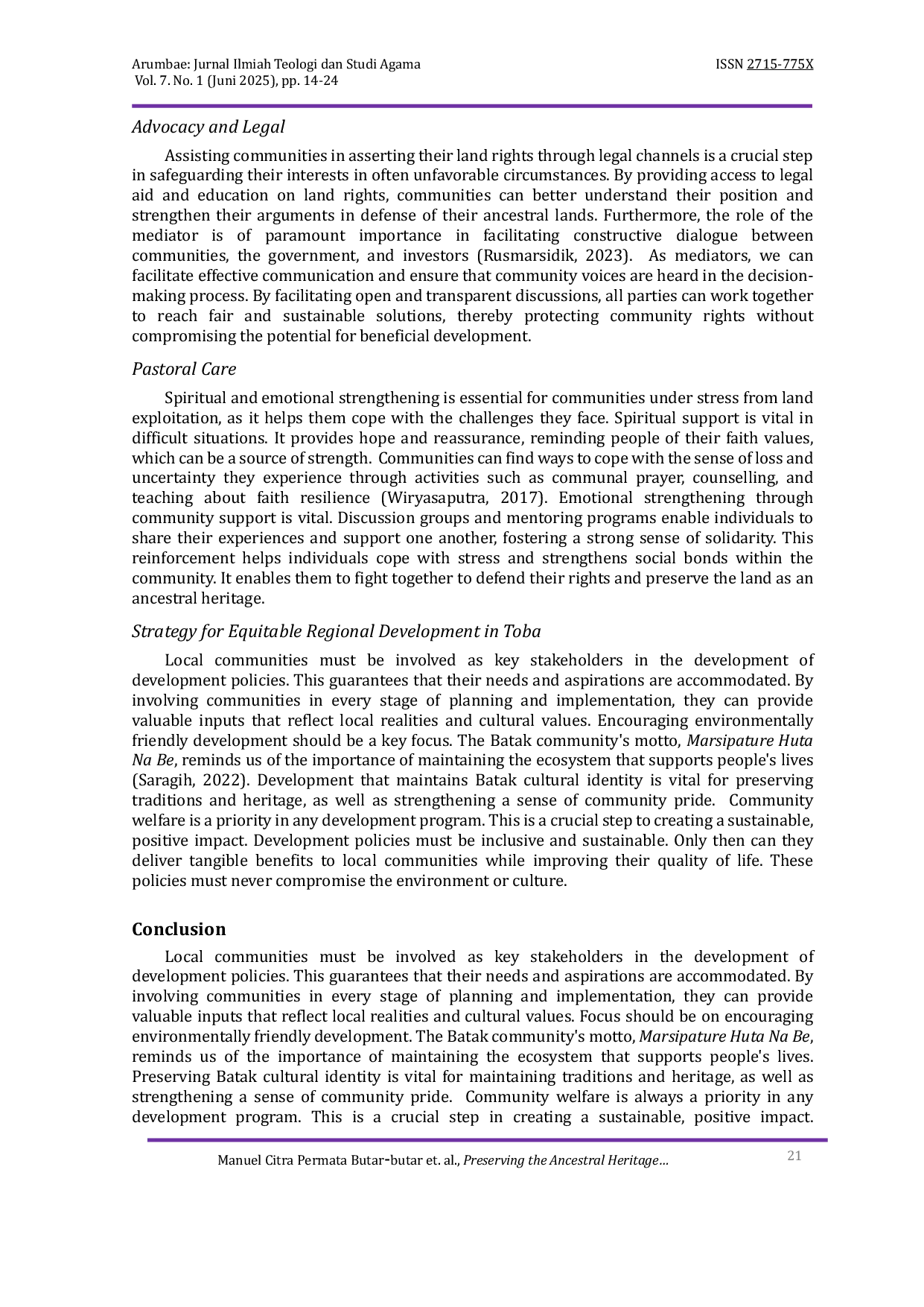 JURIS Preserving the Ancestral Heritage as Diaconal Role of the Church Against Land Exploitation in Toba Land