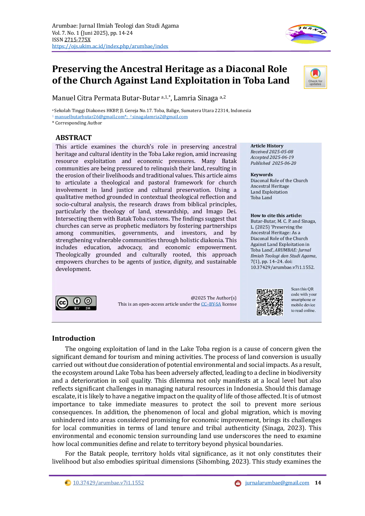 JURIS Preserving the Ancestral Heritage as Diaconal Role of the Church Against Land Exploitation in Toba Land