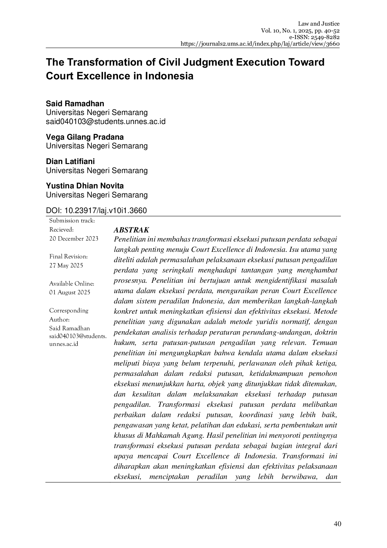 JURIS The Transformation of Civil Judgment Execution Toward Court Excellence in Indonesia