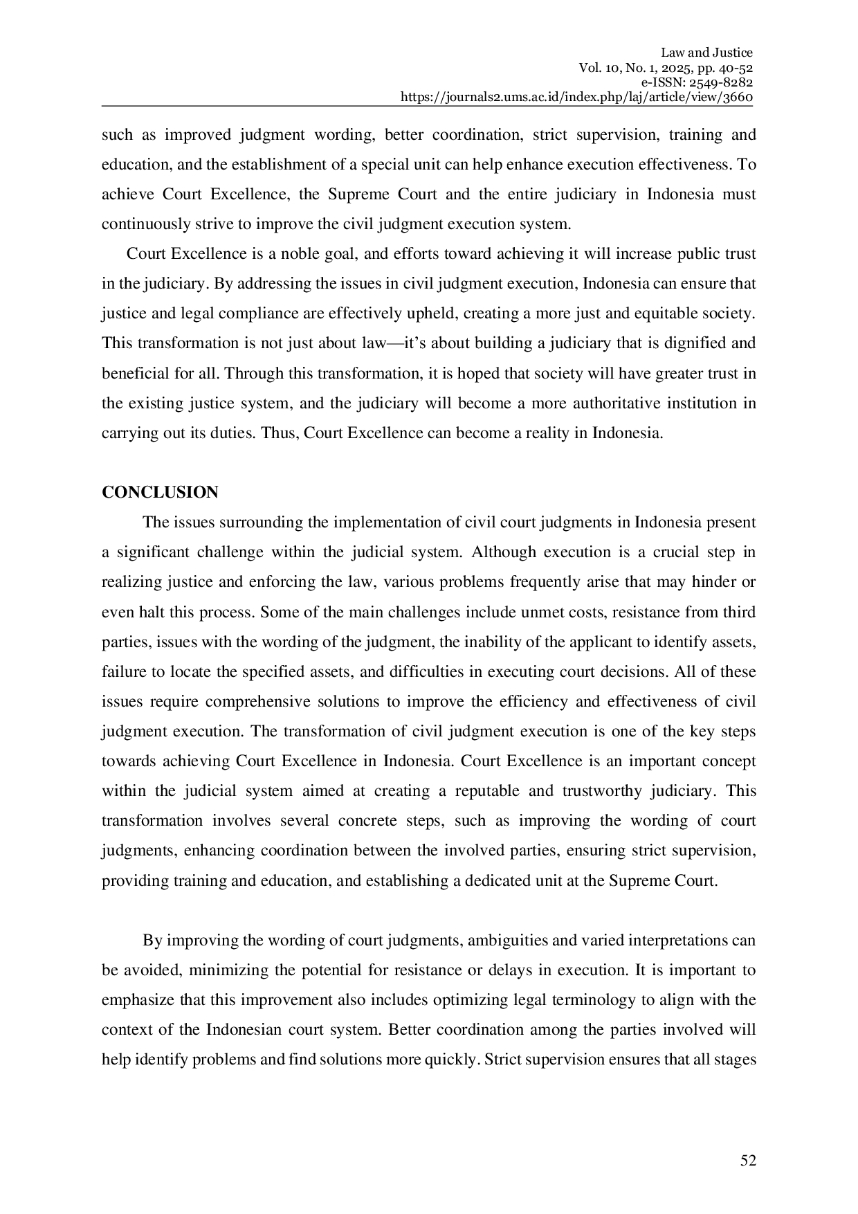 JURIS The Transformation of Civil Judgment Execution Toward Court Excellence in Indonesia