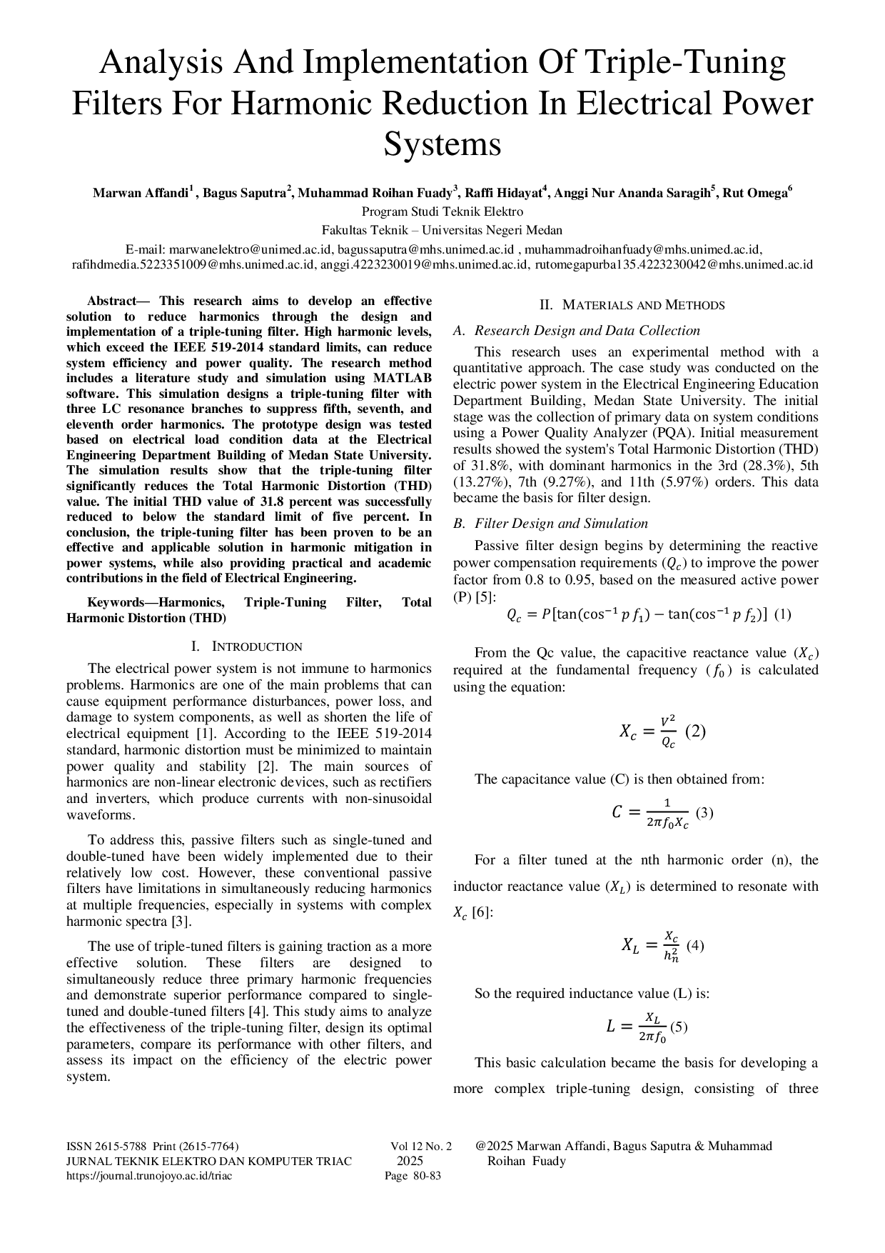 JURIS Analysis And Implementation Of Triple Tuning Filters For Harmonic Reduction In Electrical Power Systems