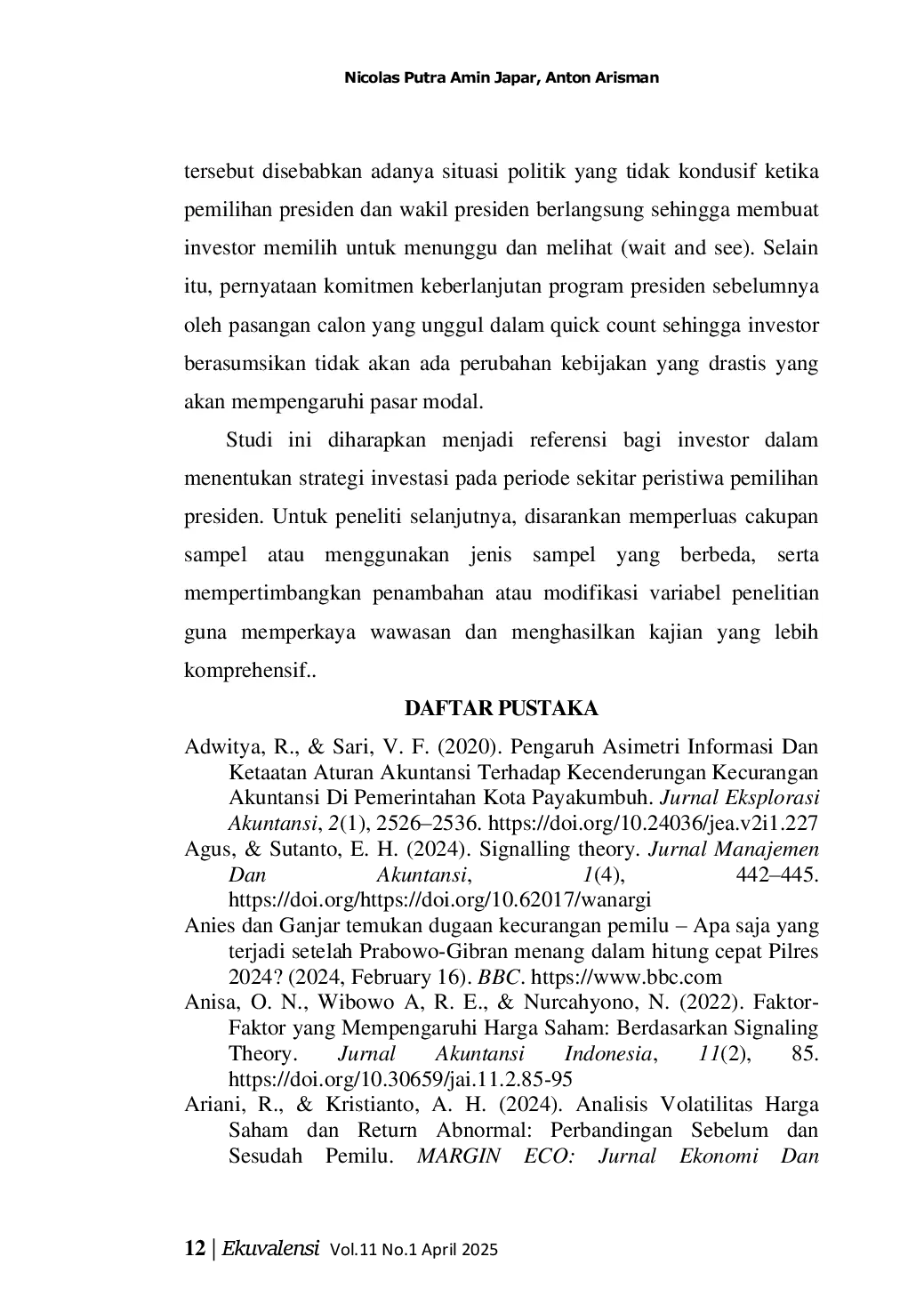 JURIS Analisis Perbandingan Volatilitas dan Volume Perdagangan Saham Sebelum dan Setelah Pemilihan Presiden Tahun 2024