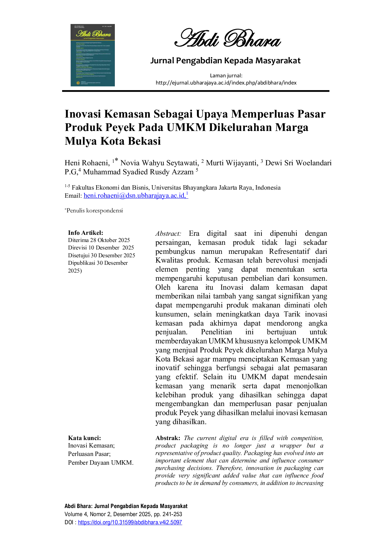 JURIS Inovasi Kemasan Sebagai Upaya Memperluas Pasar Produk Peyek Pada UMKM Dikelurahan Marga Mulya Kota Bekasi