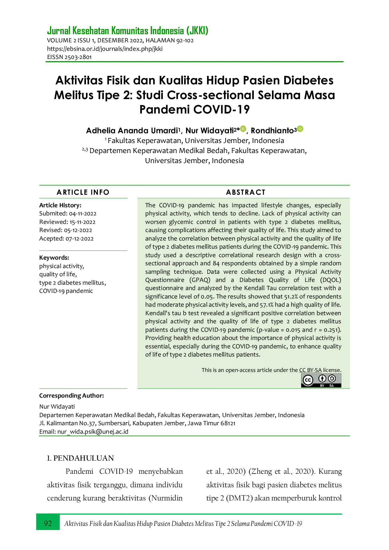 JURIS Physical Activity and Quality of Life of Type 2 Diabetes Mellitus Patients A Cross sectional Study During the COVID 19 Pandemic Aktivitas Fisik dan Kualitas Hidup Pasien Diabetes Melitus Tipe 2 Stu