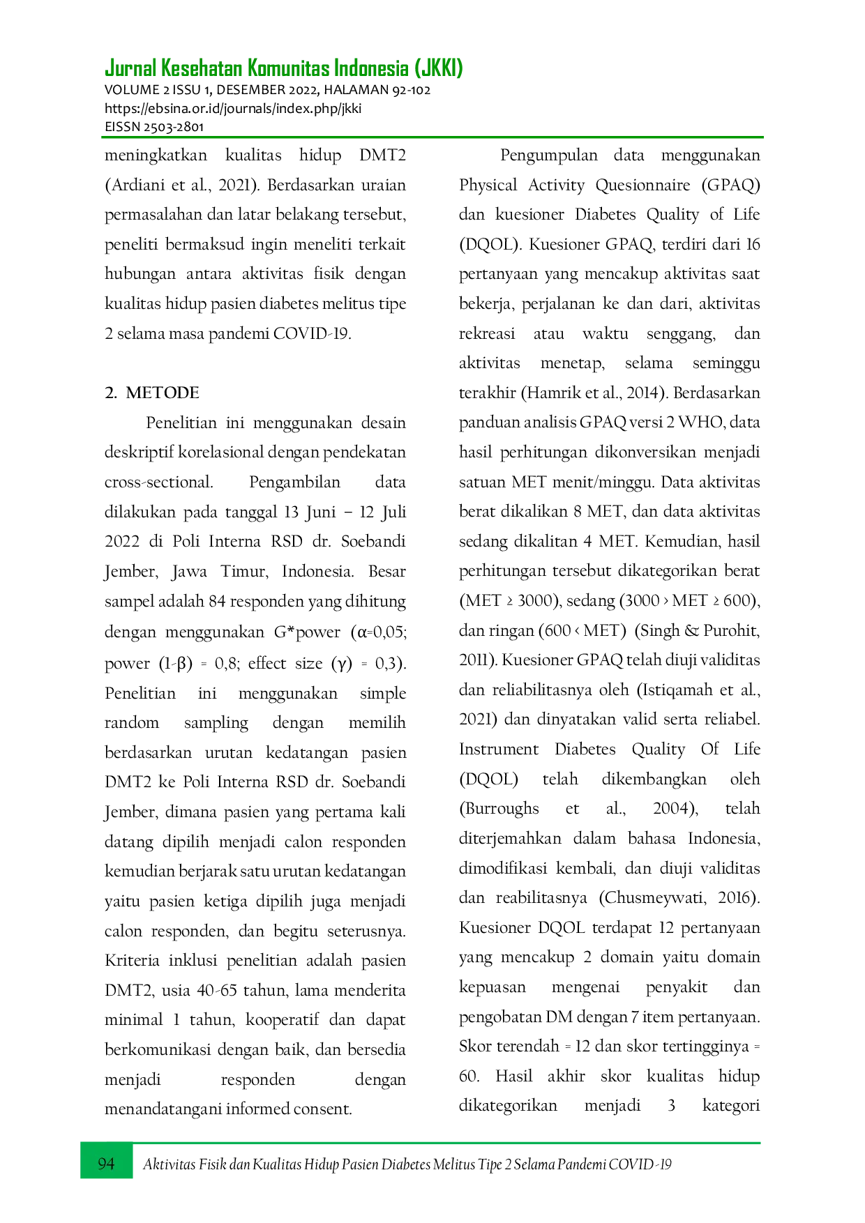 JURIS Physical Activity and Quality of Life of Type 2 Diabetes Mellitus Patients A Cross sectional Study During the COVID 19 Pandemic Aktivitas Fisik dan Kualitas Hidup Pasien Diabetes Melitus Tipe 2 Stu