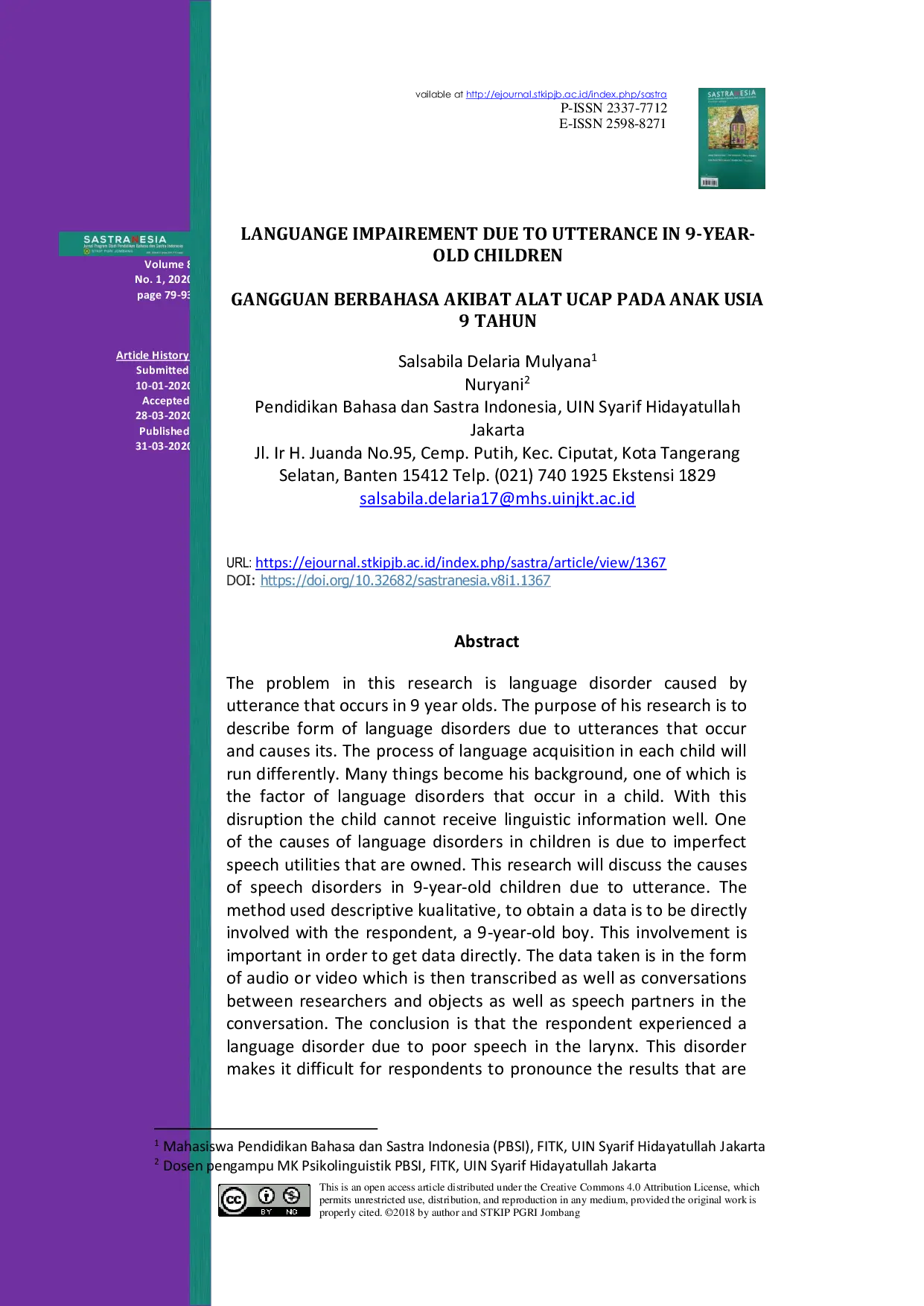 JURIS Gangguan Berbahasa Akibat Alat Ucap Pada Anak Usia 9 Tahun