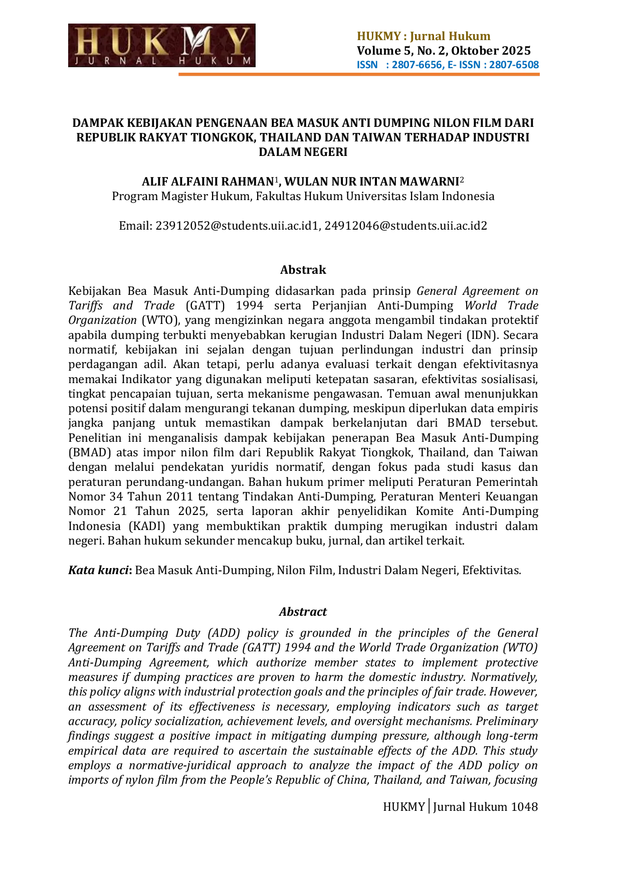 JURIS Dampak Kebijakan Pengenaan Bea Masuk Anti Dumping Nilon Film Dari Republik Rakyat Tiongkok Thailand Dan Taiwan Terhadap Industri Dalam Negeri