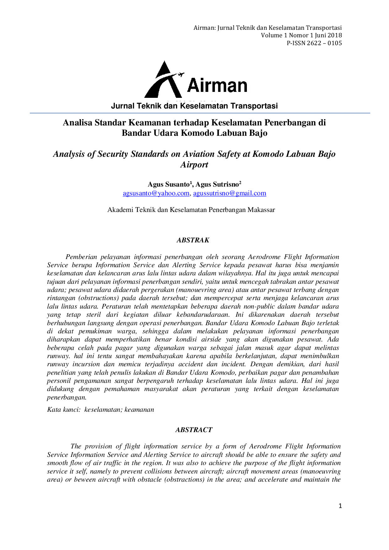 JURIS Analisa Standar Keamanan terhadap Keselamatan Penerbangan di Bandar Udara Komodo Labuan Bajo