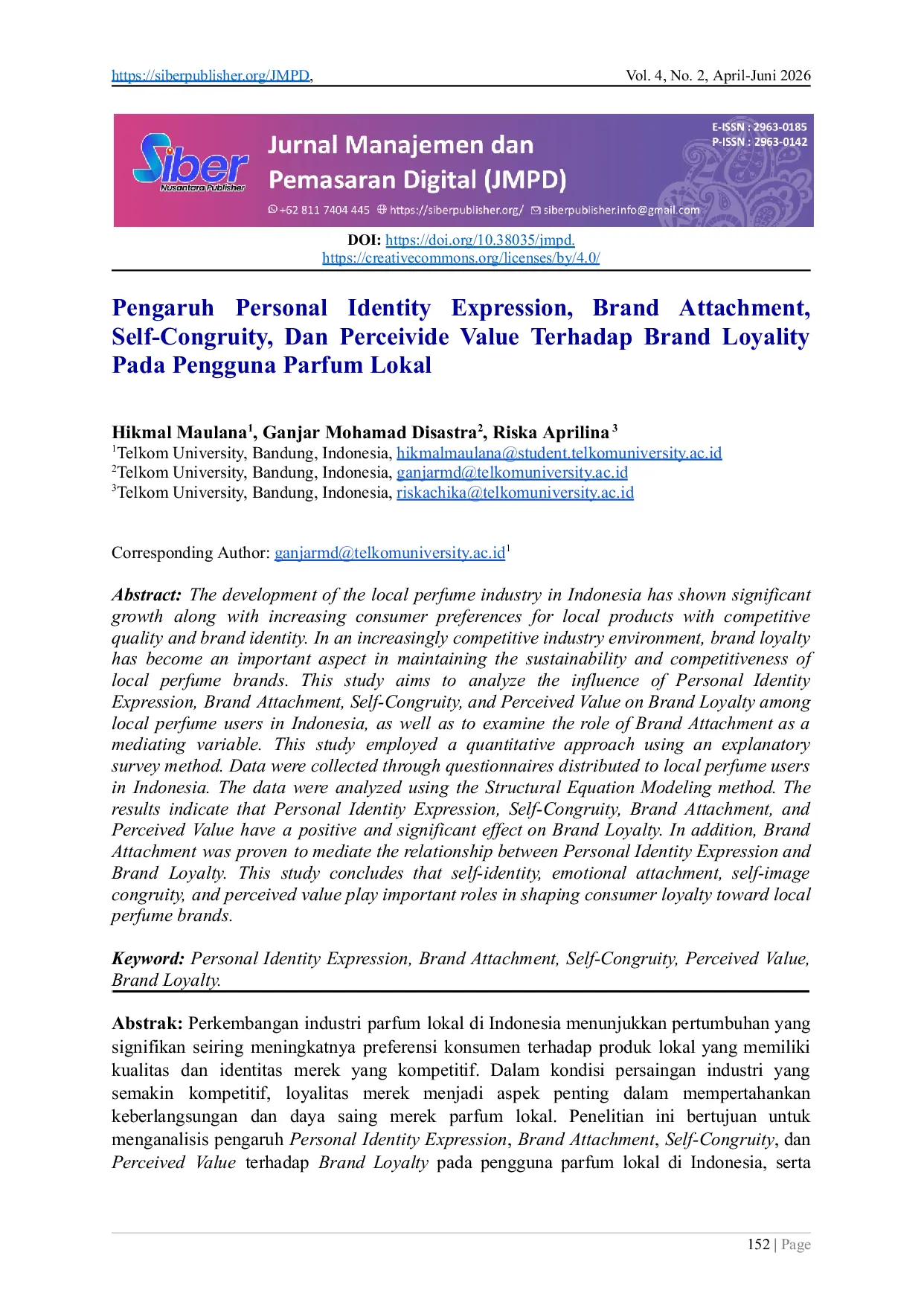 JURIS Pengaruh Personal Identity Expression Brand Attachment Self Congruity Dan Perceivide Value Terhadap Brand Loyality Pada Pengguna Parfum Lokal