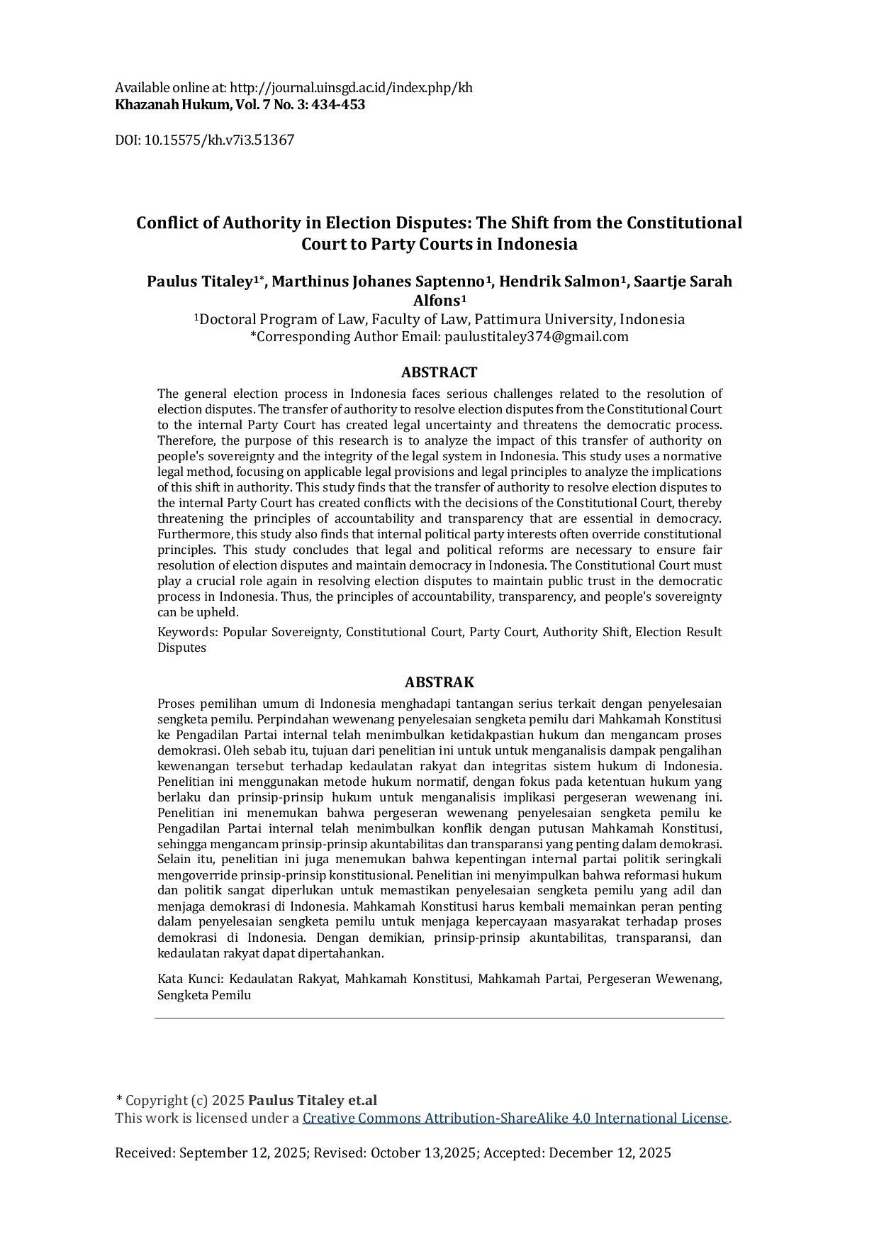 JURIS Conflict of Authority in Election Disputes The Shift from the Constitutional Court to Party Courts in Indonesia