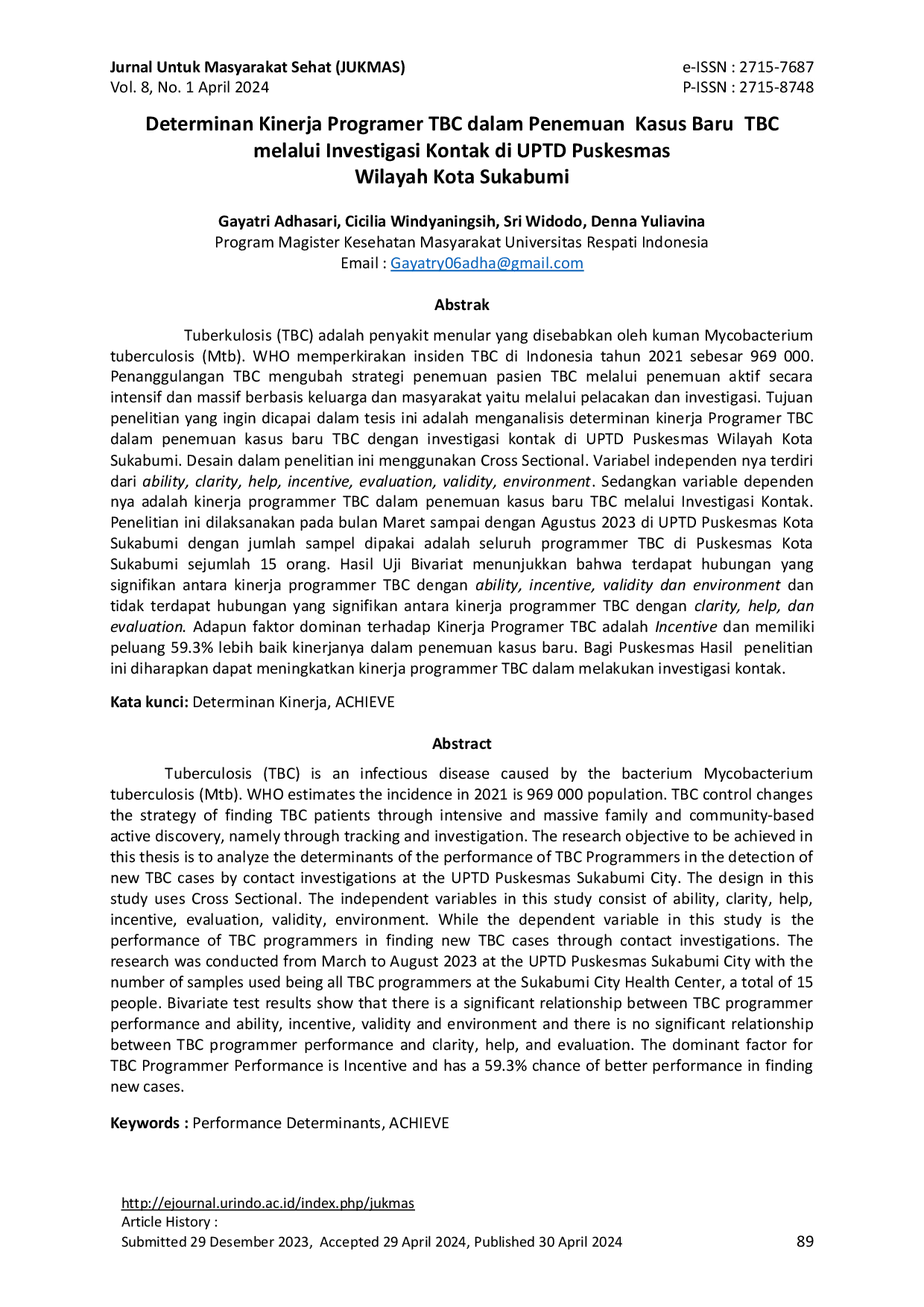 JURIS Determinan Kinerja Programer TBC dalam Penemuan Kasus Baru TBC melalui Investigasi Kontak di UPTD Puskesmas Wilayah Kota Sukabumi