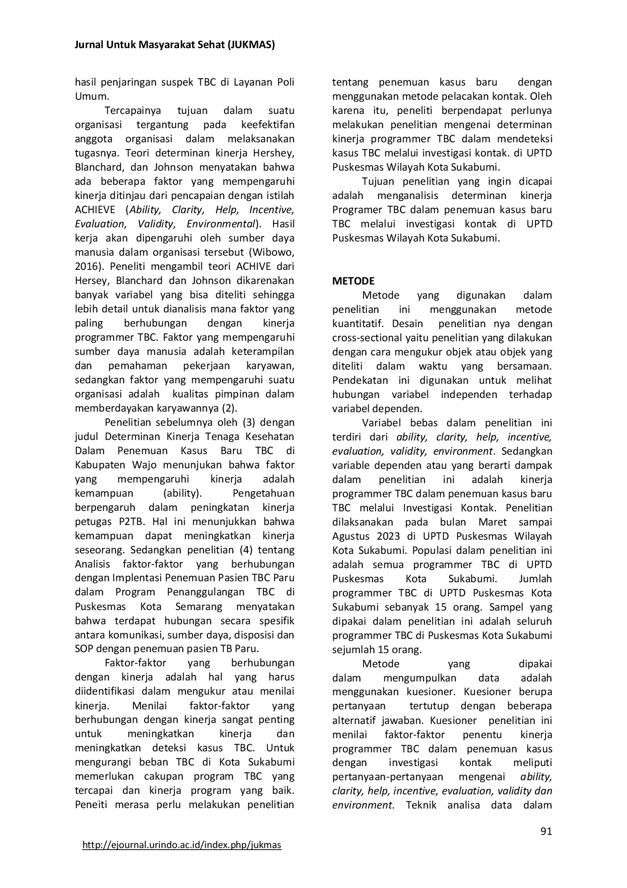 JURIS Determinan Kinerja Programer TBC dalam Penemuan Kasus Baru TBC melalui Investigasi Kontak di UPTD Puskesmas Wilayah Kota Sukabumi