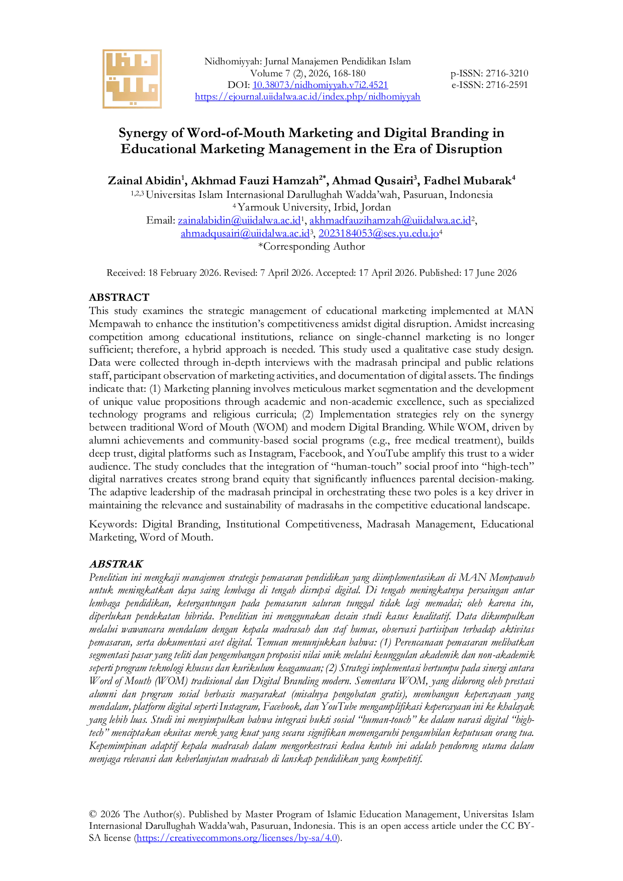 JURIS Synergy of Word of Mouth Marketing and Digital Branding in Educational Marketing Management in the Era of Disruption
