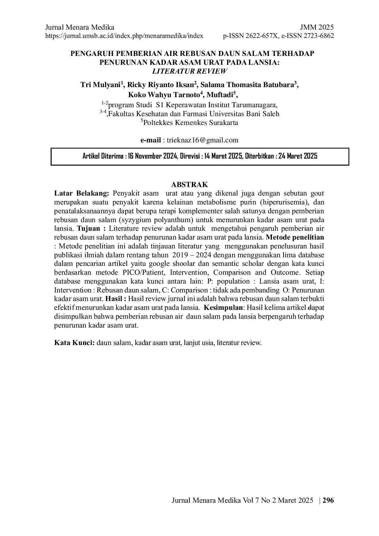 JURIS Pengaruh Pemberian Air Rebusan Daun Salam Terhadap Penurunan Kadar Asam Urat Pada Lansia Literatur Review