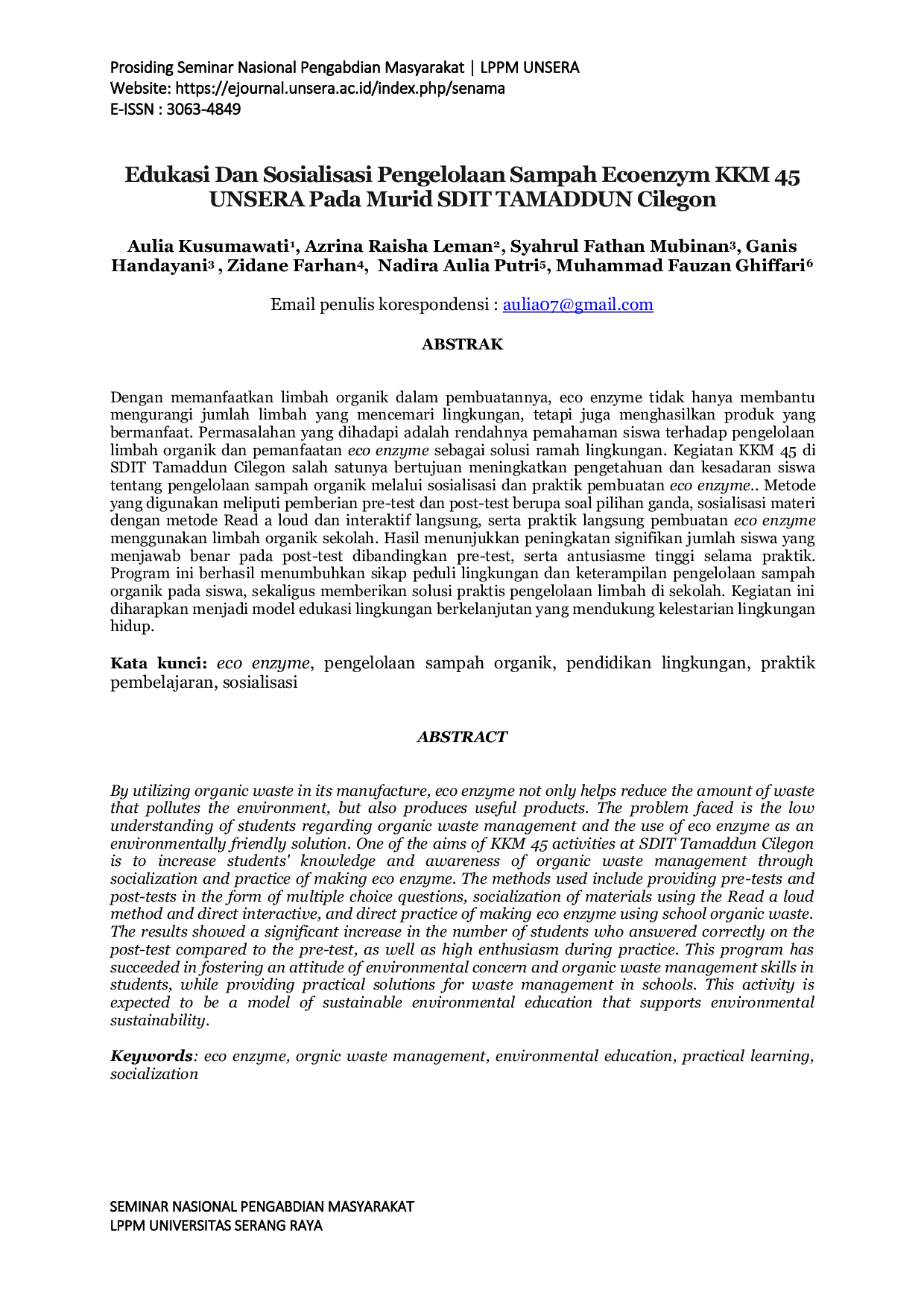 JURIS Edukasi Dan Sosialisasi Pengelolaan Sampah Ecoenzym KKM 45 UNSERA Pada Murid SDIT TAMADDUN Cilegon