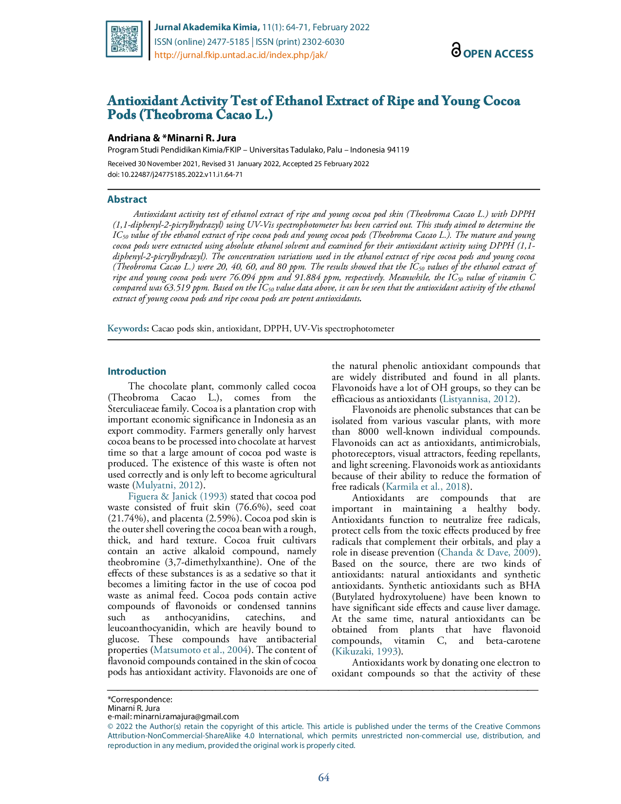 juris Antioxidant Activity Test of Ethanol Extract of Ripe and Young Cocoa Pods Theobroma Cacao L