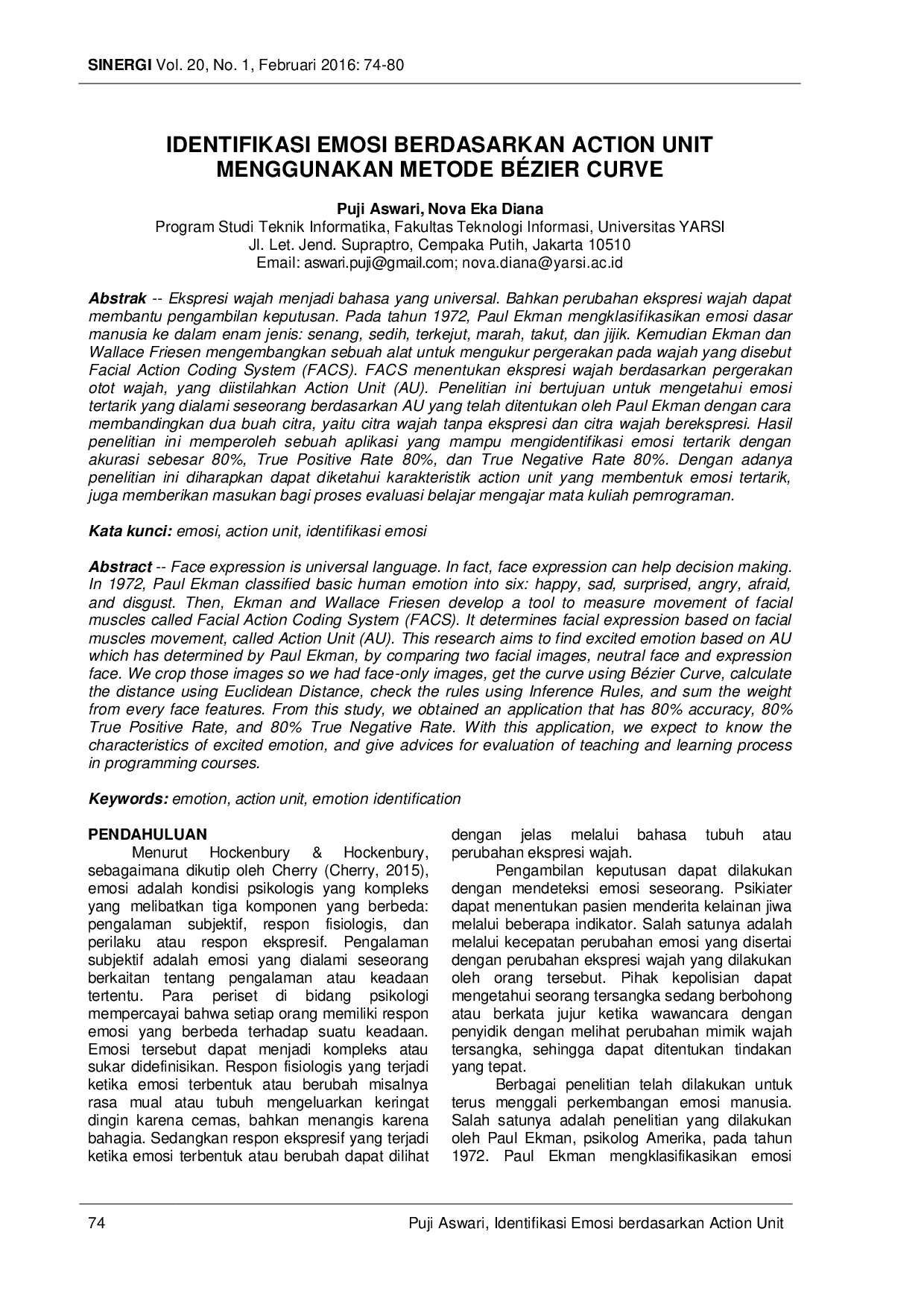 juris Identifikasi Emosi Berdasarkan Action Unit Menggunakan Metode B zier Curve