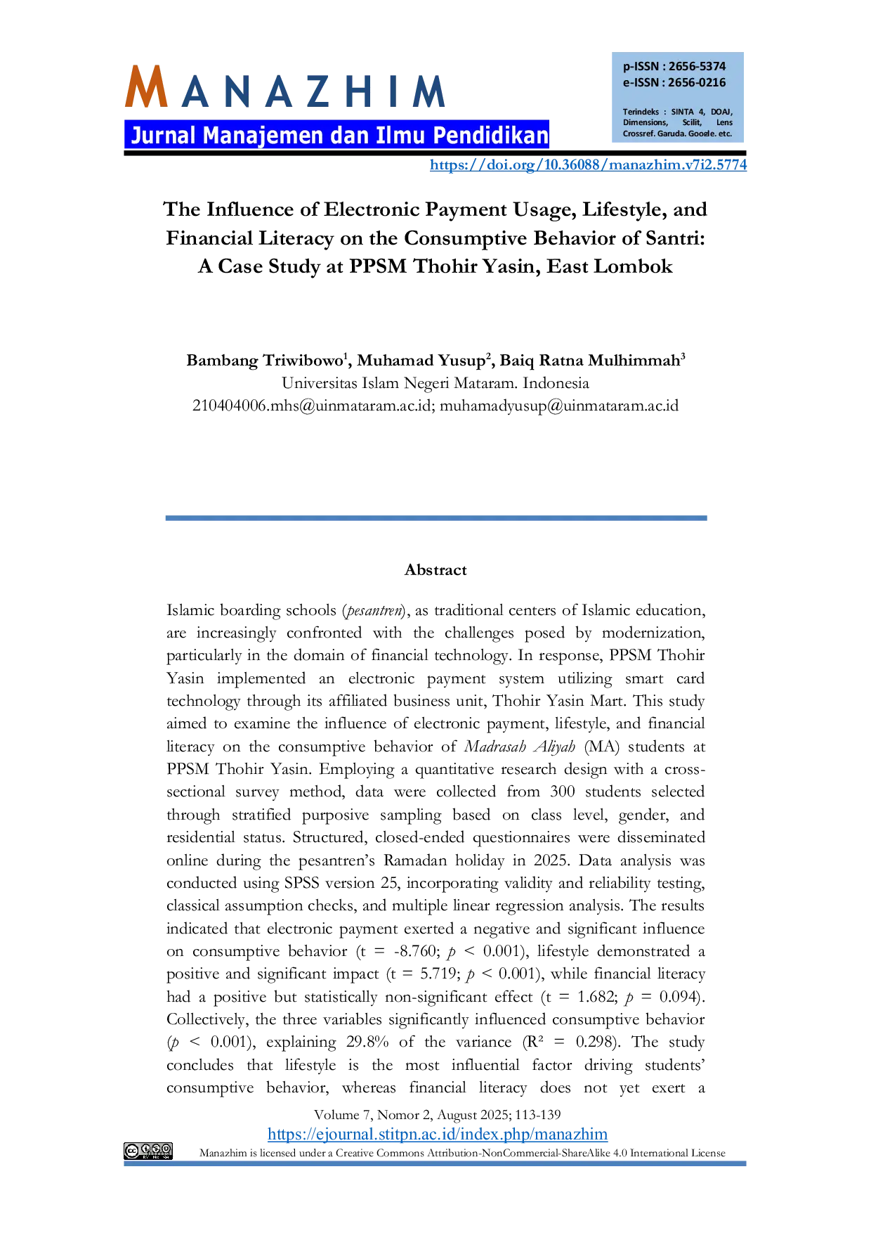JURIS The Influence of Electronic Payment Usage Lifestyle and Financial Literacy on the Consumptive Behavior of Santri A Case Study at PPSM Thohir Yasin East Lombok