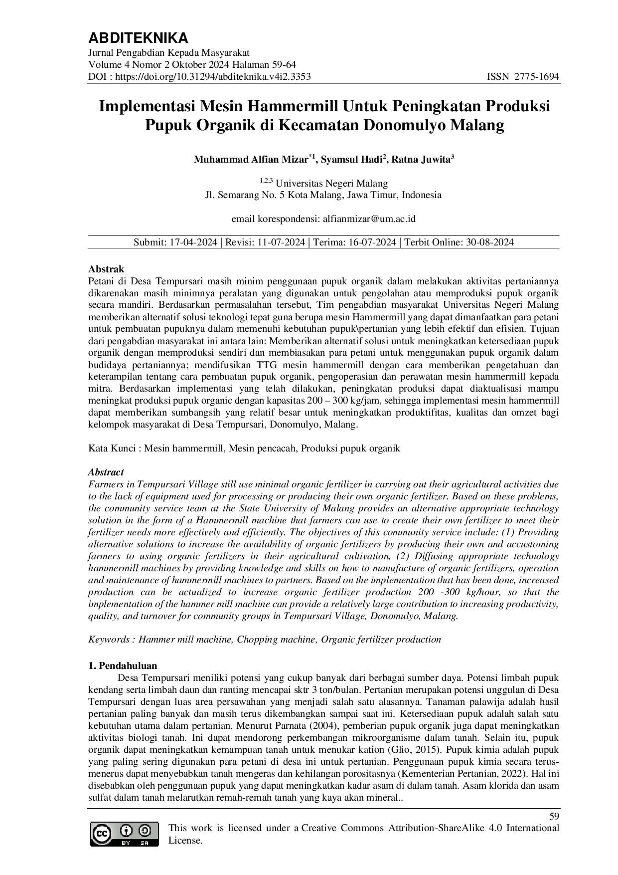 JURIS Implementasi Mesin Hammermill Untuk Peningkatan Produksi Pupuk Organik Di Kecamatan Donomulyo Malang