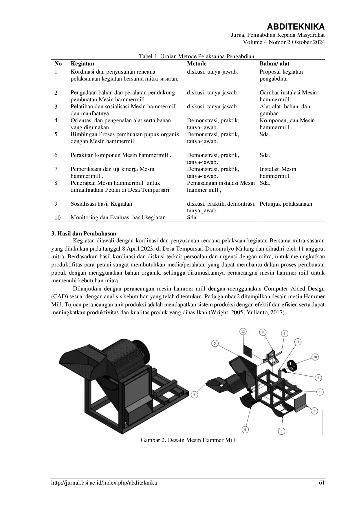 JURIS Implementasi Mesin Hammermill Untuk Peningkatan Produksi Pupuk Organik Di Kecamatan Donomulyo Malang