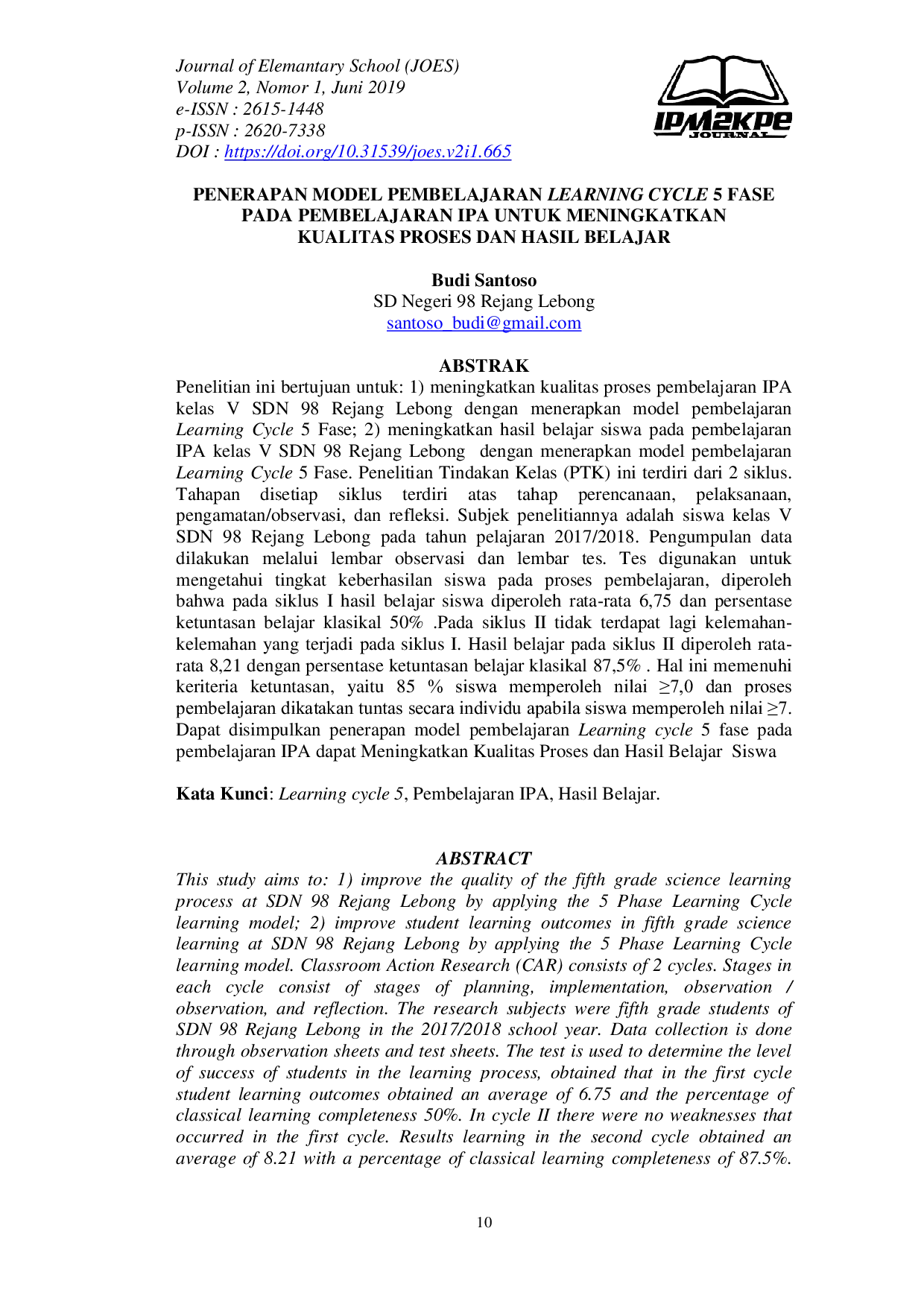 JURIS Penerapan Model Pembelajaran Learning Cycle 5 Fase pada Pembelajaran IPA untuk Meningkatkan Kualitas Proses dan Hasil Belajar