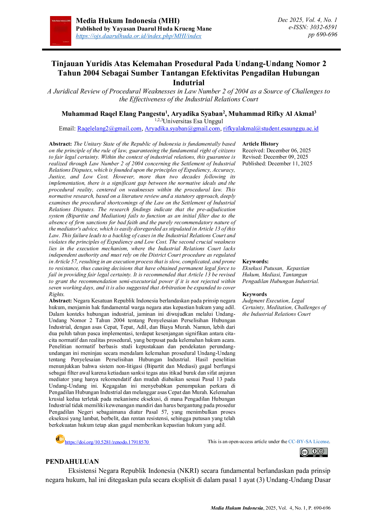 JURIS Tinjauan Yuridis Atas Kelemahan Prosedural Pada Undang Undang Nomor 2 Tahun 2004 Sebagai Sumber Tantangan Efektivitas Pengadilan Hubungan Indutrial